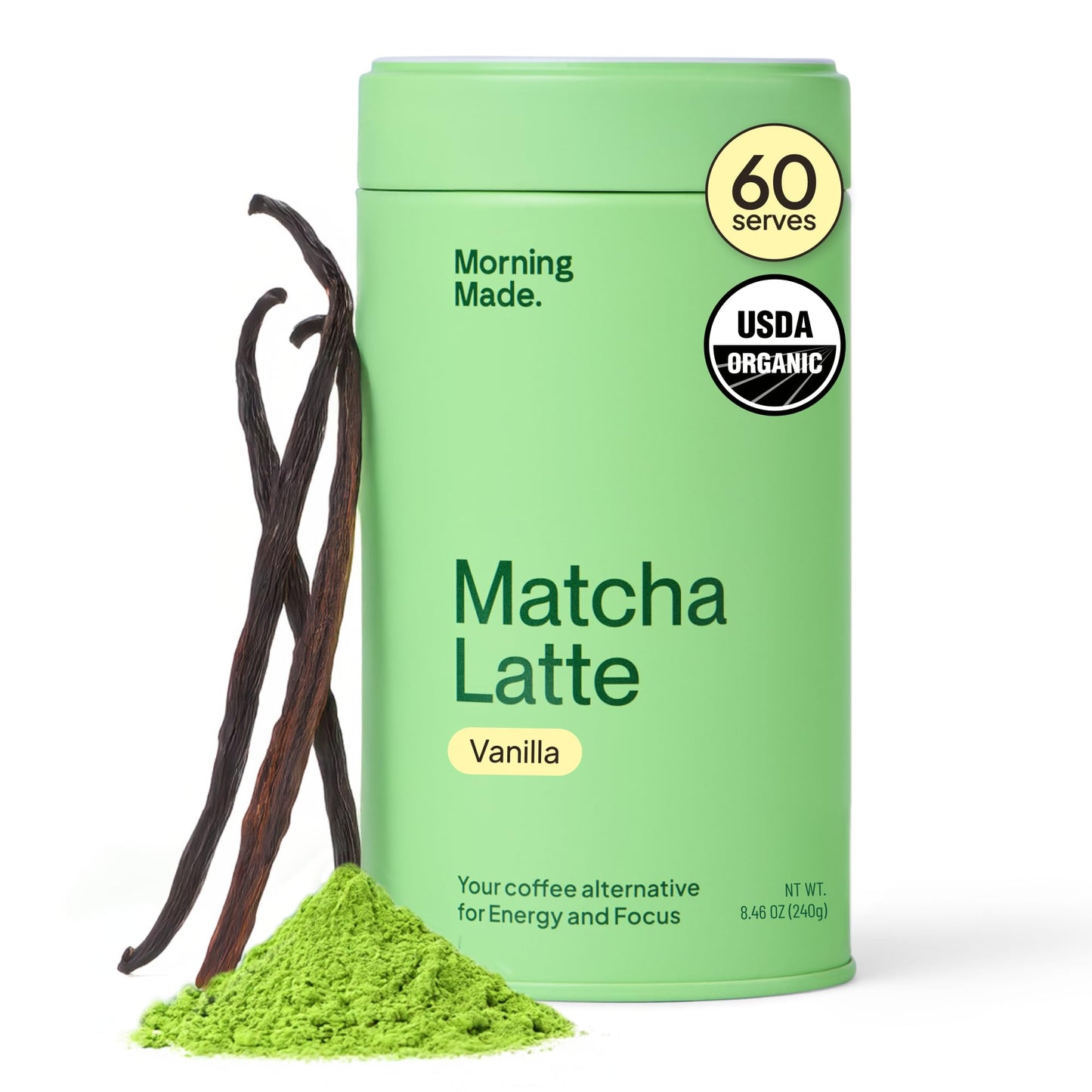 Morning Made Vanilla Flavored Ceremonial Grade Matcha Powder | 8.46oz (240g) Resealable Tin | 60 Servings enhanced Japanese Green Tea | Sweetened with Organic Sugar | Rich in Antioxidants & Energy Boosting
