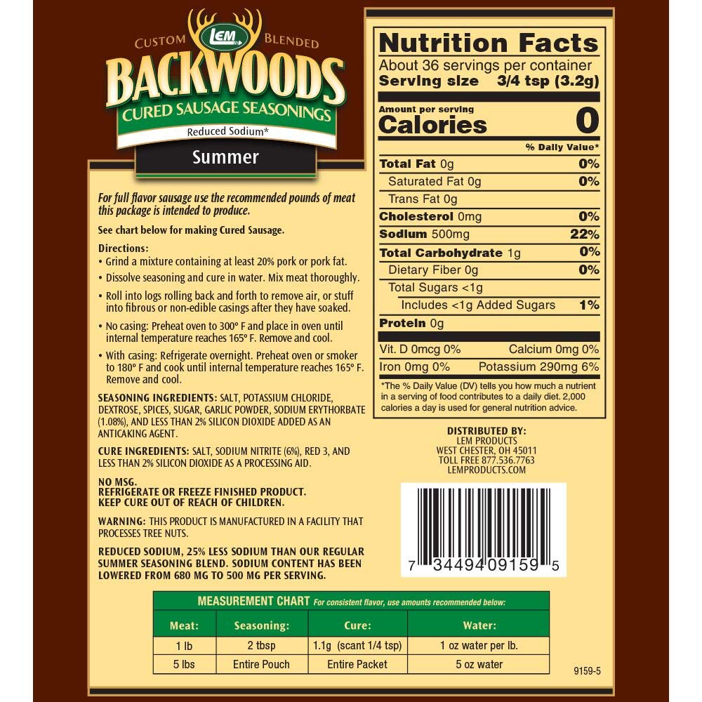 Lem Products Backwoods Reduced Sodium Summer Sausage Cured Sausage Seasoning, Ideal For Wild Game, Seasons Up To 5 Pounds Of Meat, 4.1 Ounce Packet With Pre-Measured Cure Packet Included