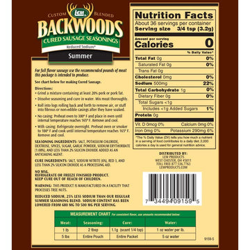 Lem Products Backwoods Reduced Sodium Summer Sausage Cured Sausage Seasoning, Ideal For Wild Game, Seasons Up To 5 Pounds Of Meat, 4.1 Ounce Packet With Pre-Measured Cure Packet Included