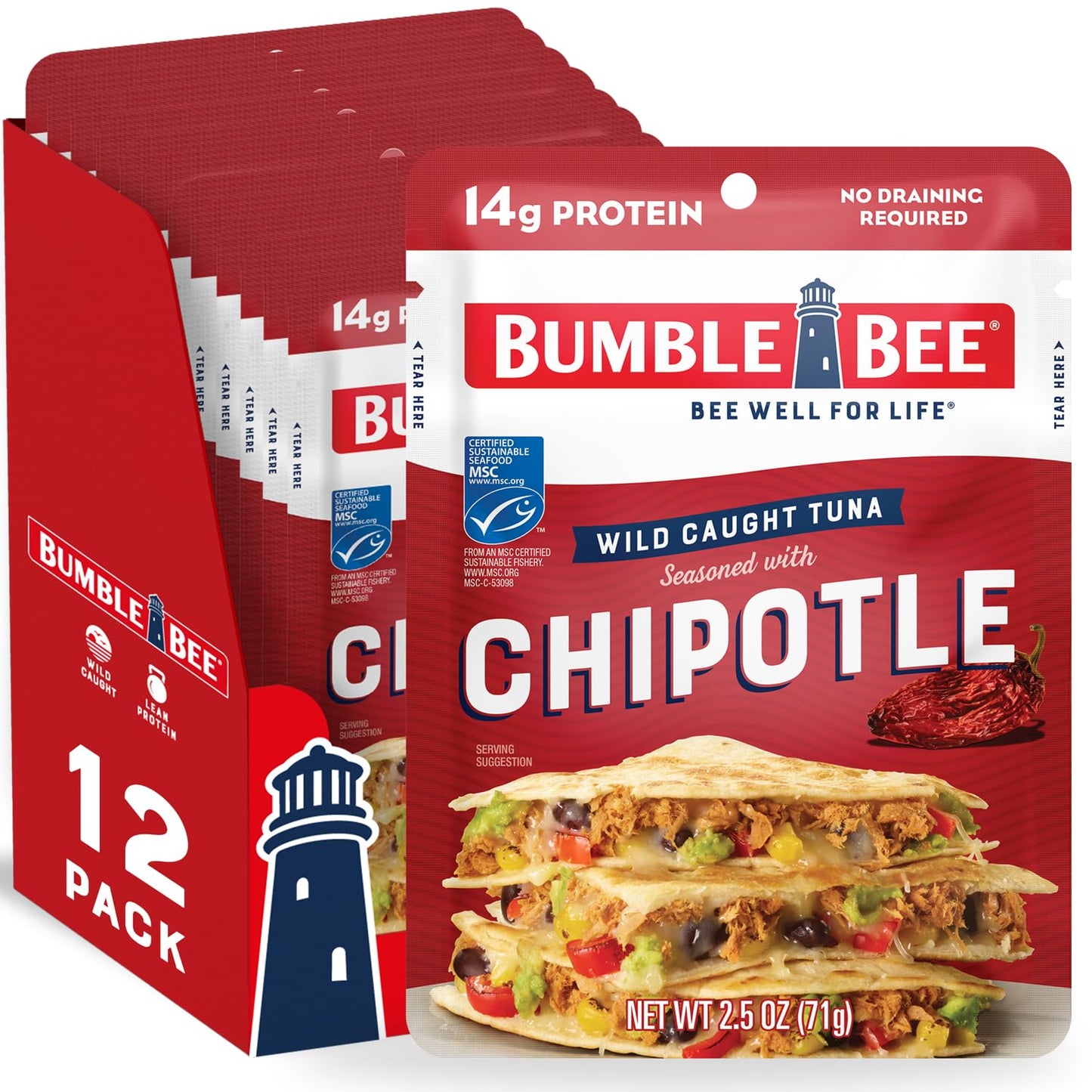 Bumble Bee Chipotle Seasoned Tuna Pouches, 2.5 oz (Pack of 12) - Wild Caught, 14g Protein, Gluten Free