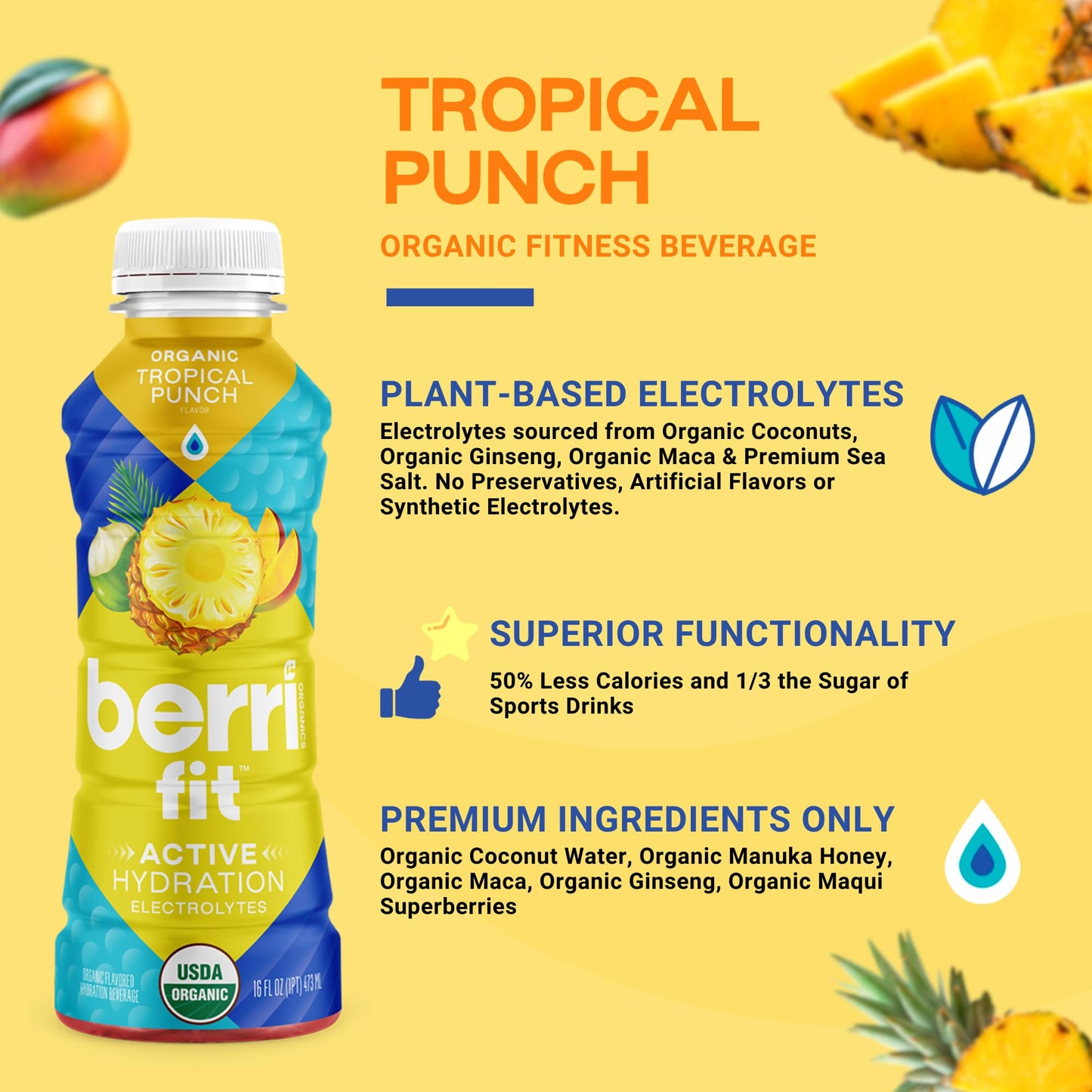 Berri Fit Hydration - Organic Tropical Fruit Flavor Natural Sports Drink - Plant-Based Electrolyte Beverage - Low Calorie, Paleo
