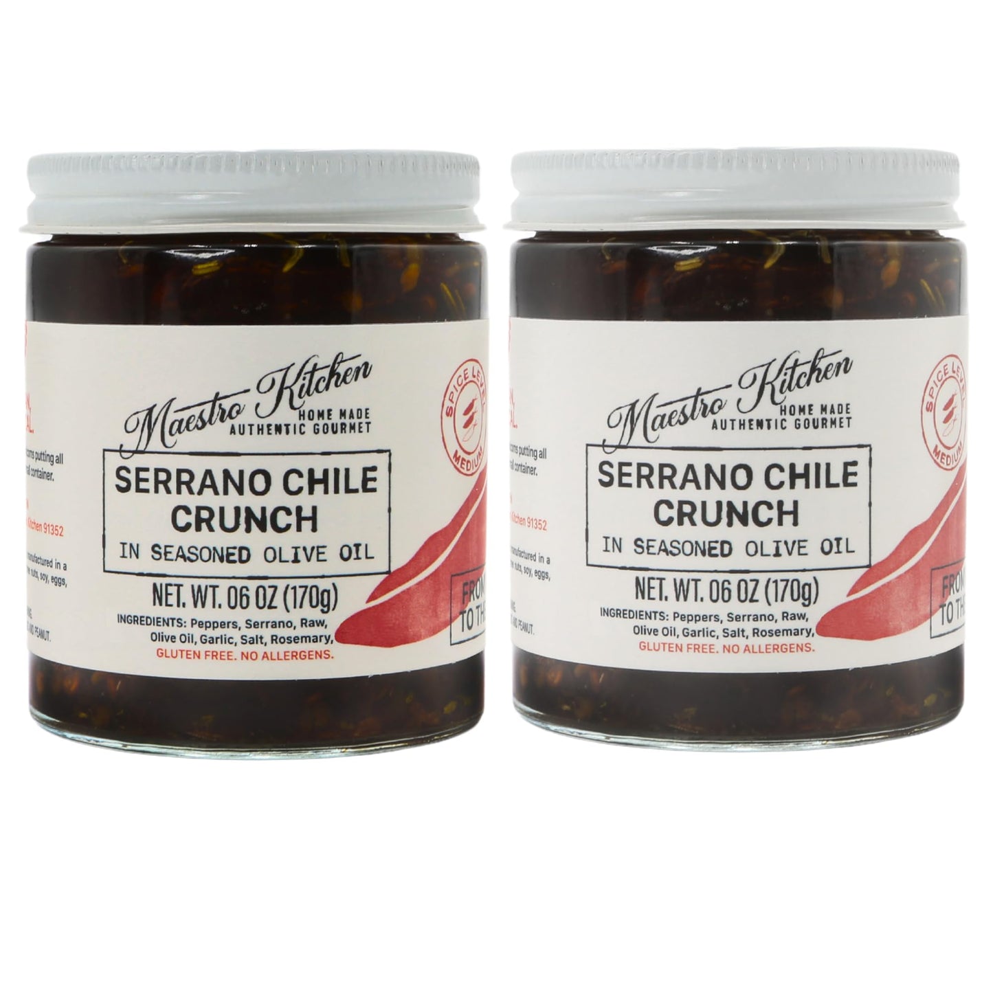 Spicy Serrano Pepper Chile Crunch Crisp 6oz 2 Pack - All Natural Chili Oil Hot Sauce w/ 100% Olive Oil, Garlic & Rosemary - Crun