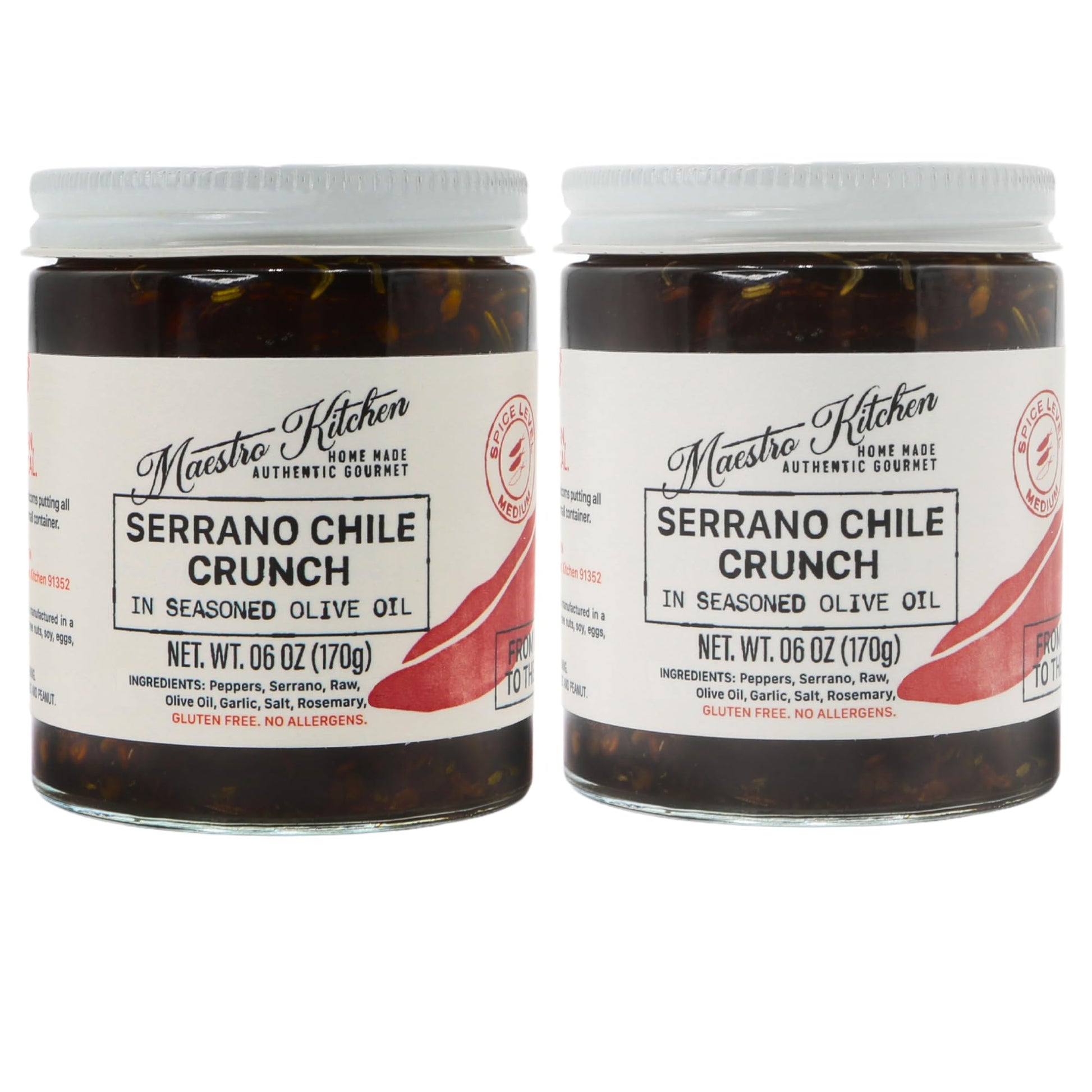 Spicy Serrano Pepper Chile Crunch Crisp 6oz 2 Pack - All Natural Chili Oil Hot Sauce w/ 100% Olive Oil, Garlic & Rosemary - Crun