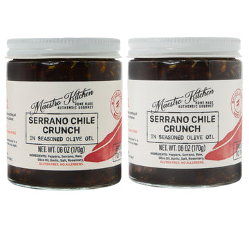 Spicy Serrano Pepper Chile Crunch Crisp 6oz 2 Pack - All Natural Chili Oil Hot Sauce w/ 100% Olive Oil, Garlic & Rosemary - Crun