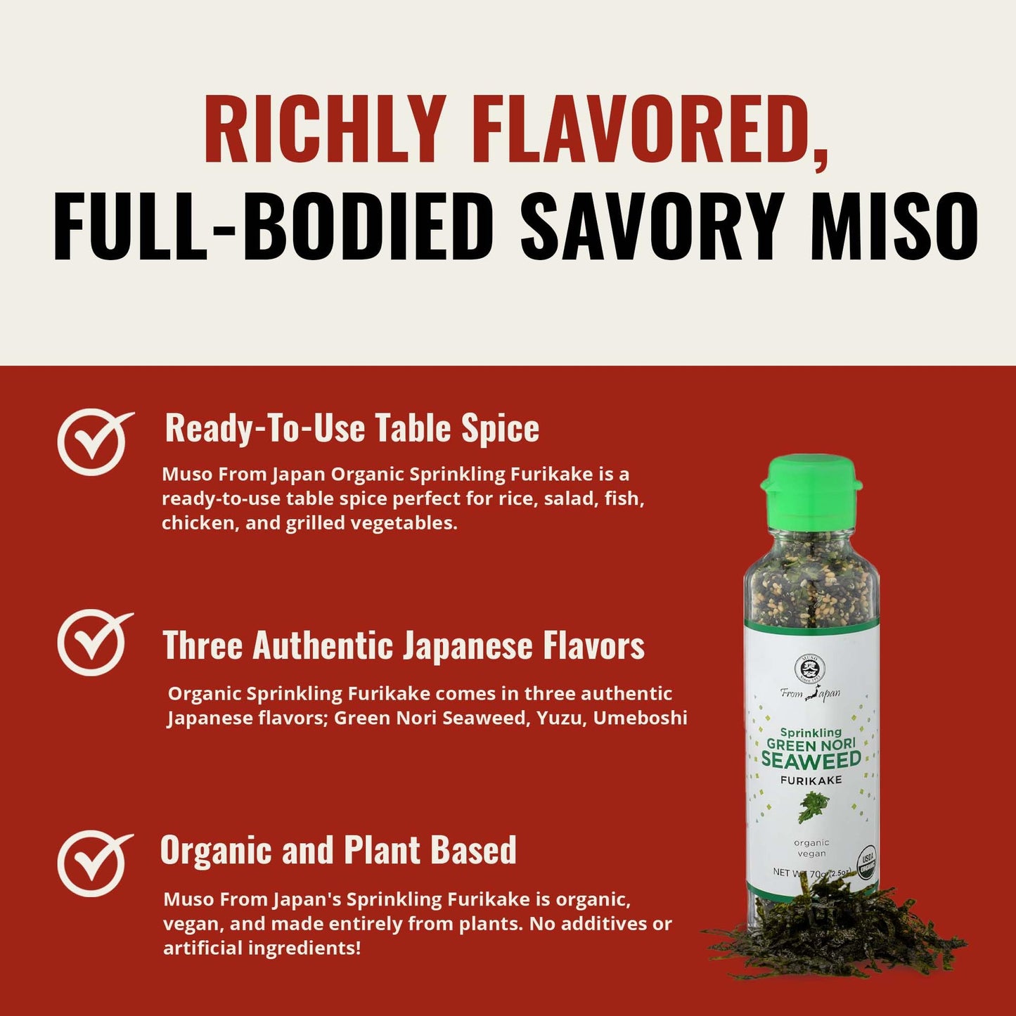 Muso From Japan Sprinkling Green Nori Seaweed Furikake, No Additives, Vegan Friendly, USDA Certified Organic, 2.5 Ounce (Pack of