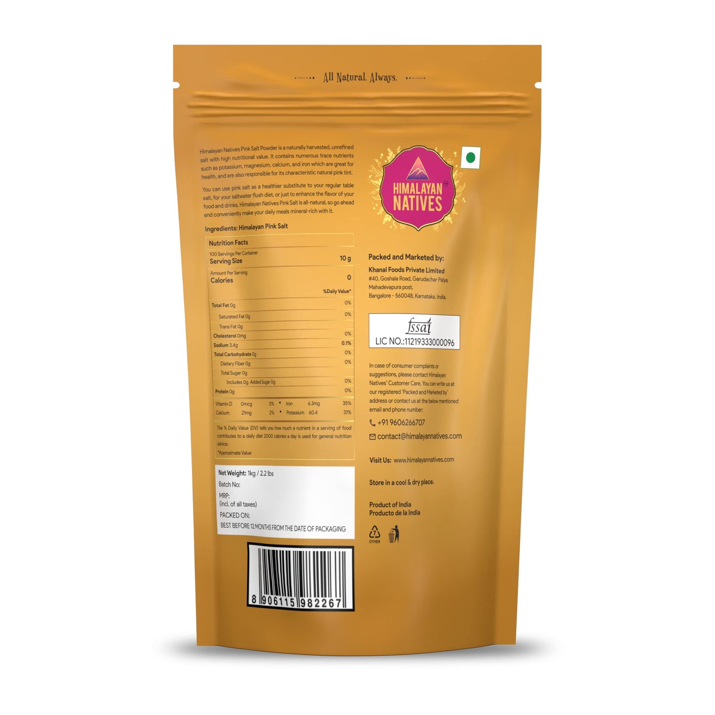 Himalayan Natives 100% Natural Himalayan Pink Salt Powder Pouch 1 Kg | No Artificial Iodine | Unprocessed & Highly Nutritious |