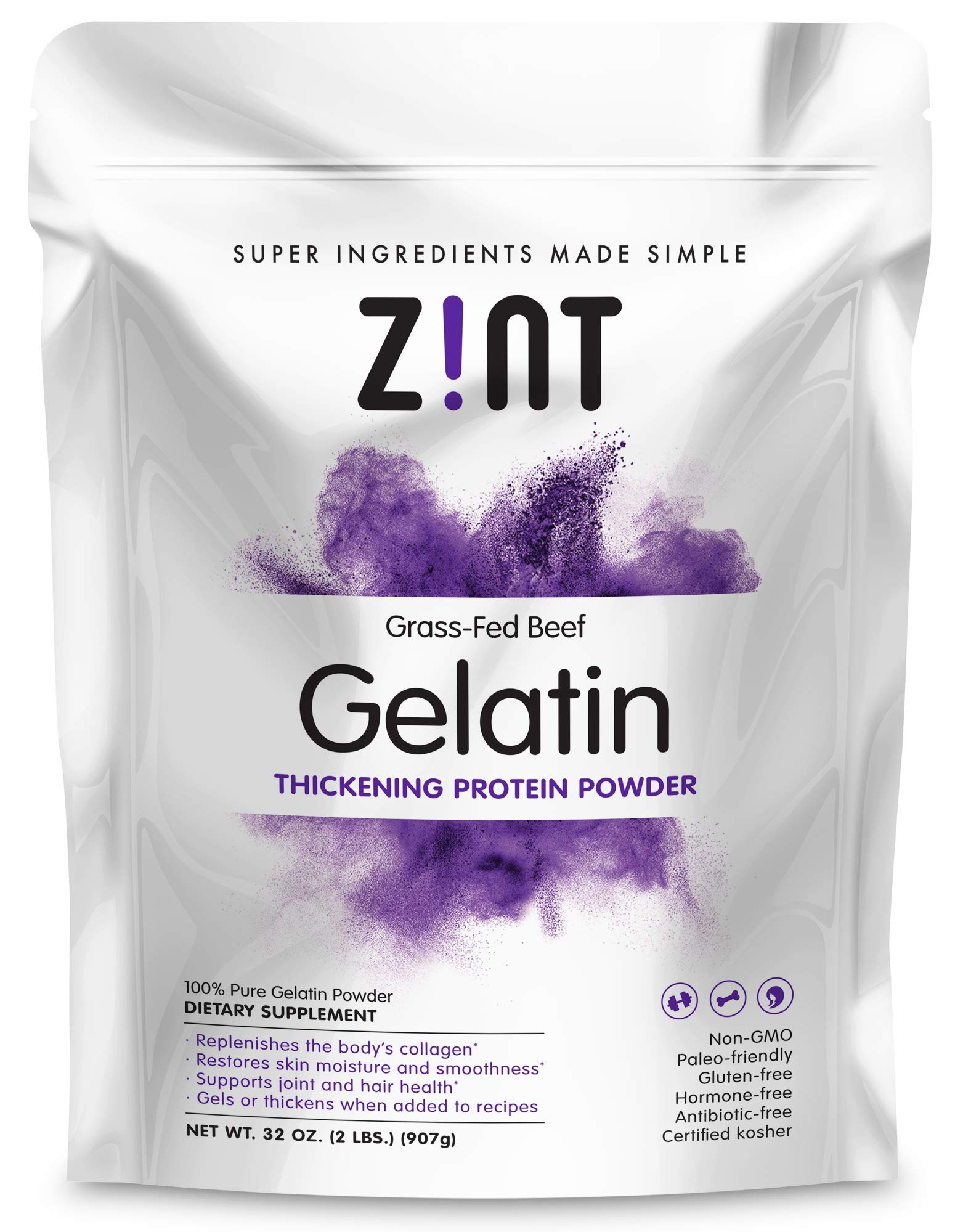 Zint Beef Gelatin Powder: Unflavored Kosher Paleo-Friendly Collagen Protein, 32 Ounce