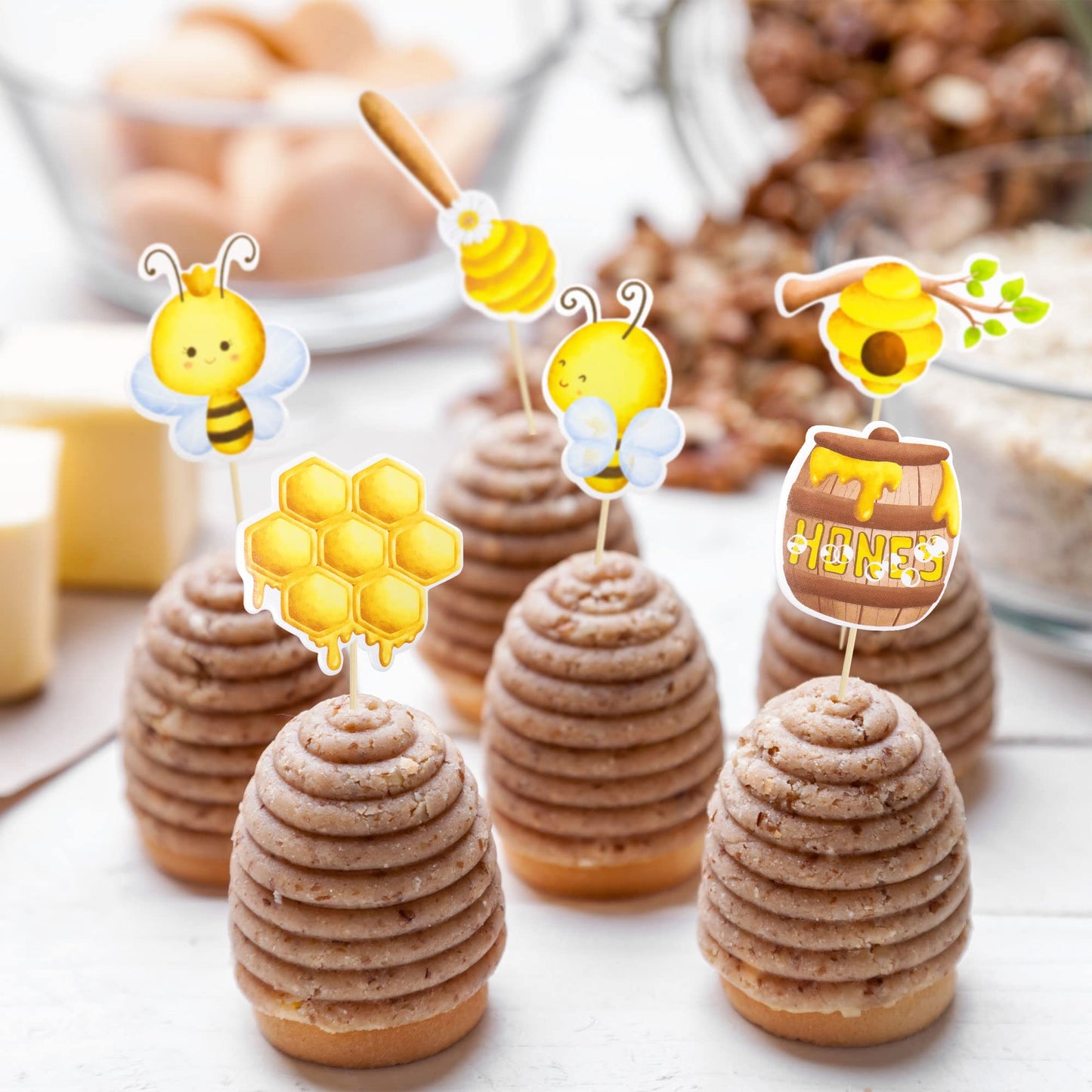 Gyufise 36Pcs Bumble Bee Cupcake Toppers Flower Sweet Bee Honeycomb Cupcake Picks Flower Oh Babee Cake Picks For Bee Theme Baby