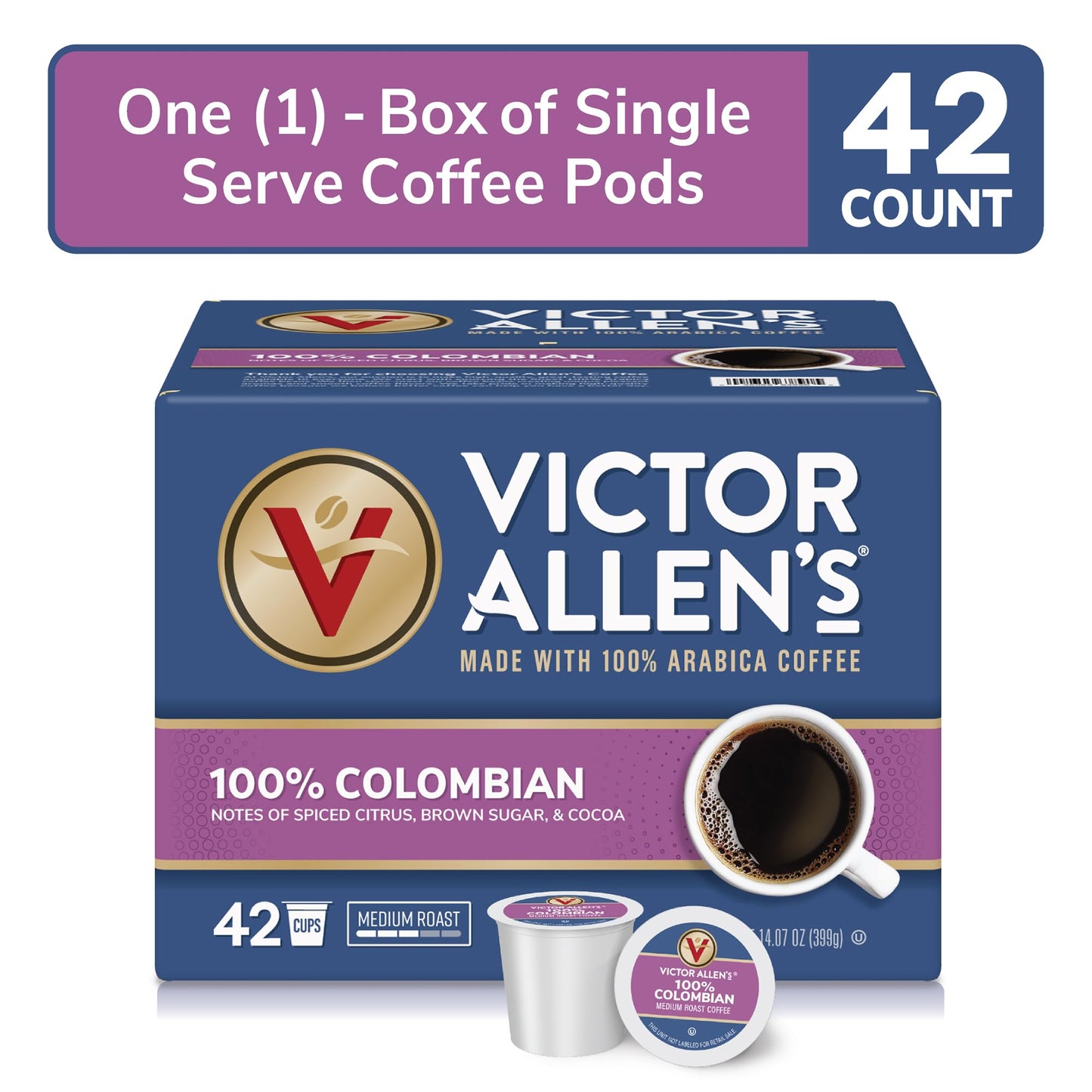 Victor Allens Coffee Single Serve Pods, 100% Colombian Medium Roast, 42 Count