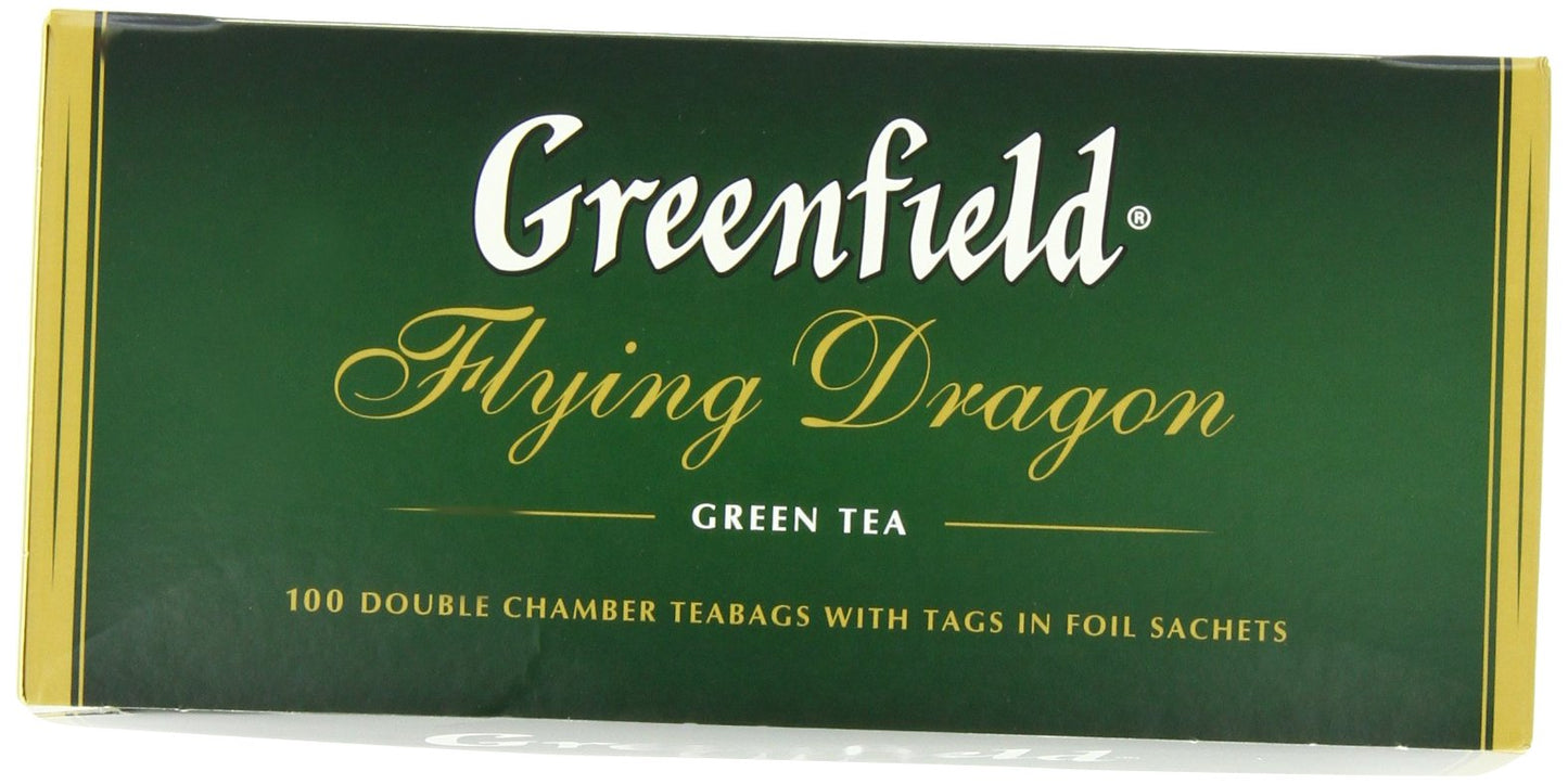Greenfield Flying Dragon Green Tea Collection Finely Selected Speciality Tea 100 Double Chamber Teabags With Tags In Foil Sachets