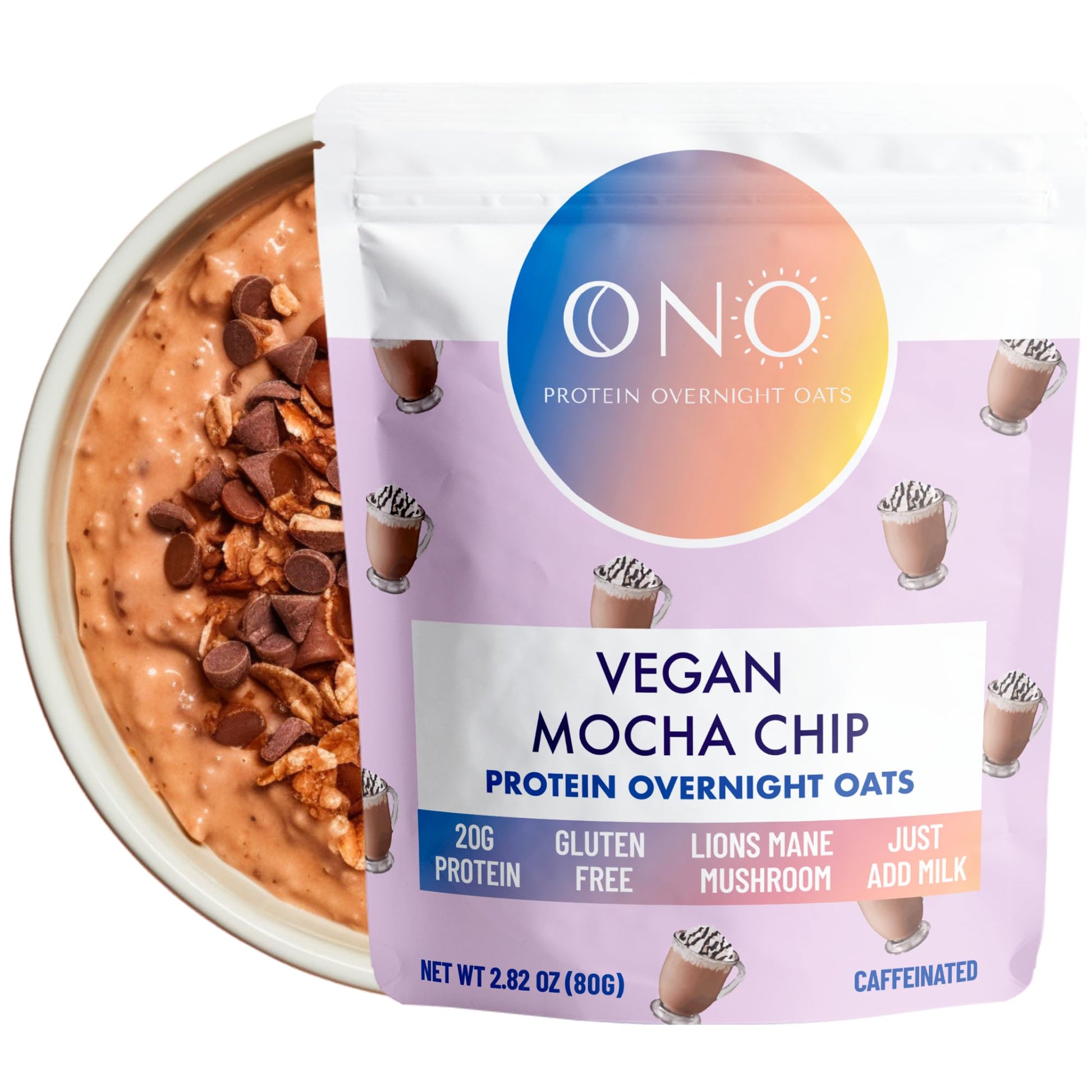 ONO Overnight Oats - Vegan Mocha Chip Protein Oatmeal (6 Pack)- 20g Vegan Protein Powder, High Fiber, Low Sugar, Organic Gluten-