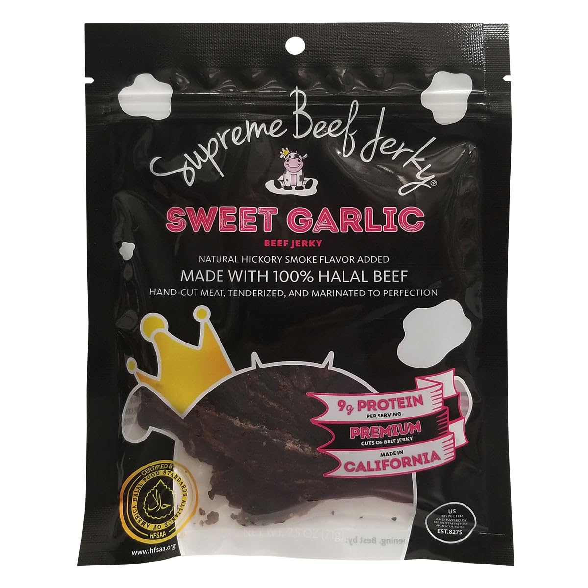 Supreme Beef Jerky, Halal Beef Jerky, Zabiha Halal Certified Beef, Handcrafted Gourmet Meat Snacks, 2.5 oz Sweet Garlic, 2.5 Oun