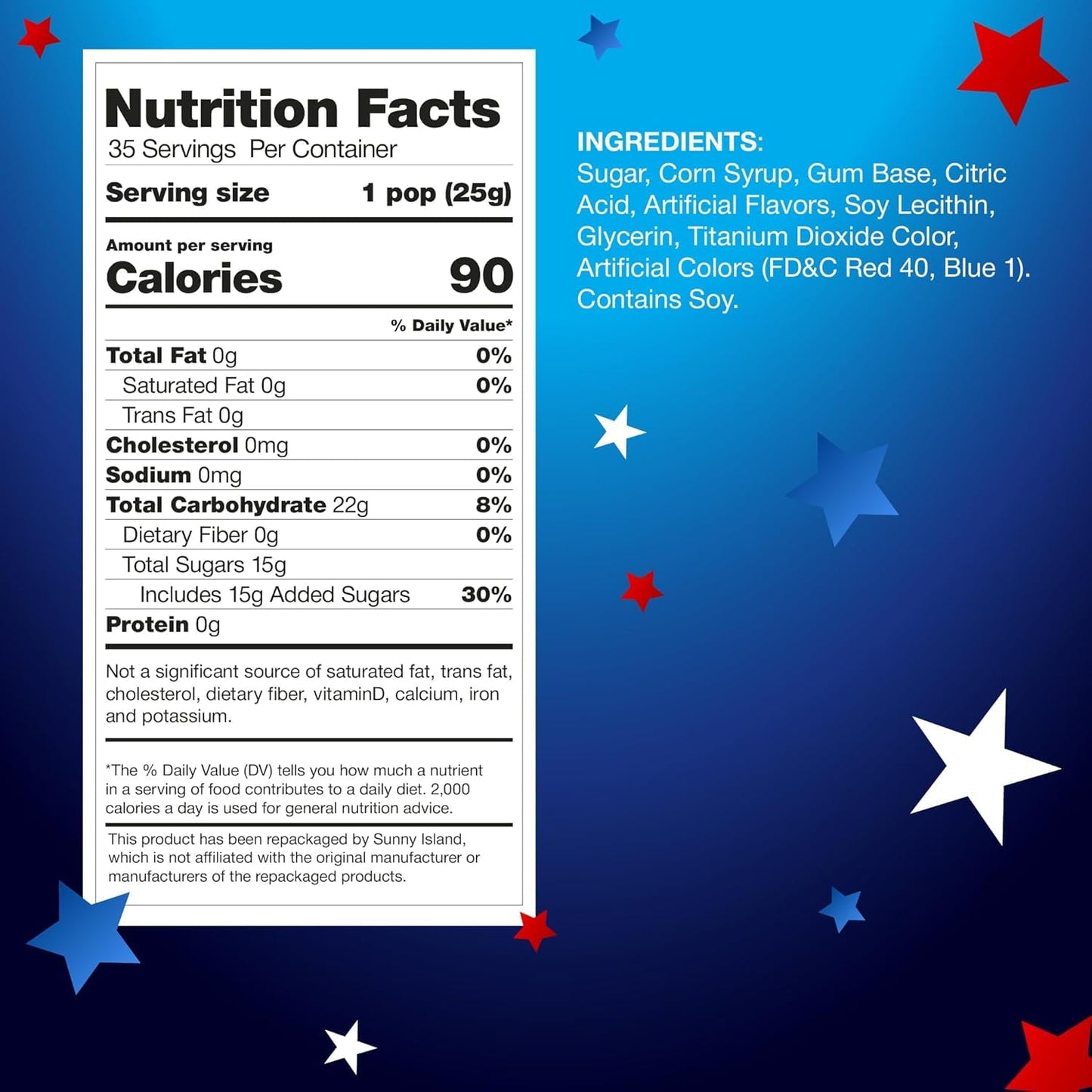 SUNNY ISLAND Patriotic Lollipops | 2 Pound Bag, 35 Pieces | Cherry, Blue Raspberry, Vanilla Flavors | Individually Wrapped