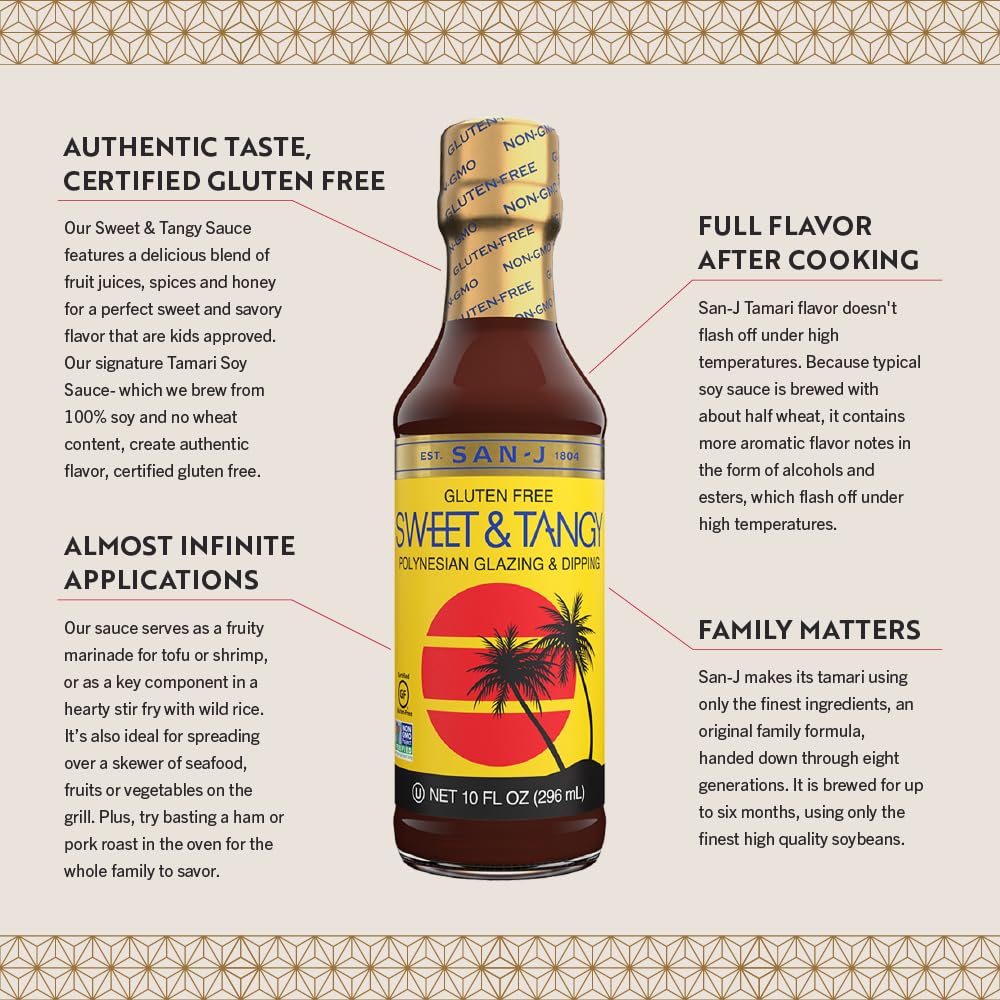 San-J - Gluten Free Sweet & Tangy Sauce - Well-Balanced Sauce For Cooking - Non-Gmo - 10 Oz. Bottles - 2 Pack