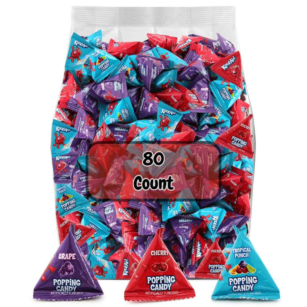 Popping Candy, 3 Fruity Flavors (Tropical Punch, Cherry, Grape), 80-Count Bag, Individually Wrapped - Perfect for Trick-or-Treat