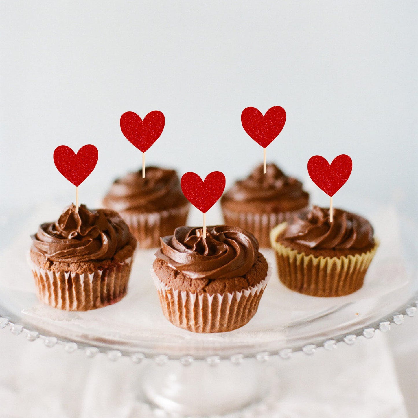 YCTHUNFISH 40 Pack Red Heart Cupcake Toppers Glitter for Valentines Day, Wedding, Birthday Party, Small Size