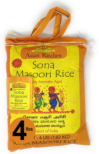 Asian Kitchen White Sona Masoori Aged Rice 4-Pound Bag, 4lbs (1.81kg) Short Grain Rice ~ All Natural | Gluten Friendly | Vegan |