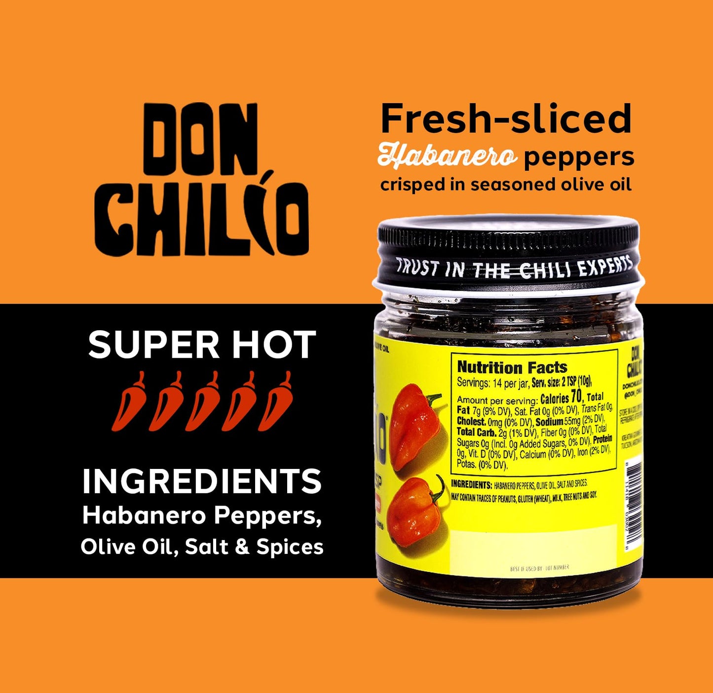 Don Chilio Hot Habanero Mexican Chile Crisp, 5 oz., 3 Pack - Crunchy Sliced Habanero Fried Chili Peppers in Hot Seasoned 100% Ol