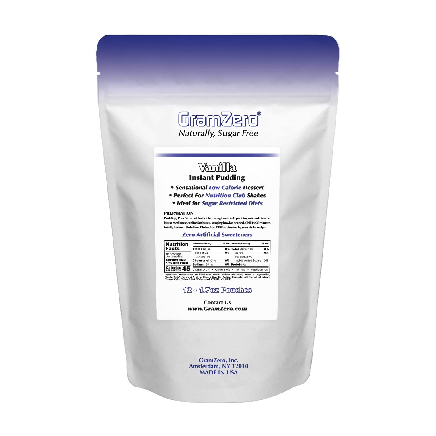 Gramzero Vanilla Sugar Free Pudding Mix 12-Pack, Great For Nutrition Club Meal Replacement Shakes, Low Calorie Dessert, Stevia S