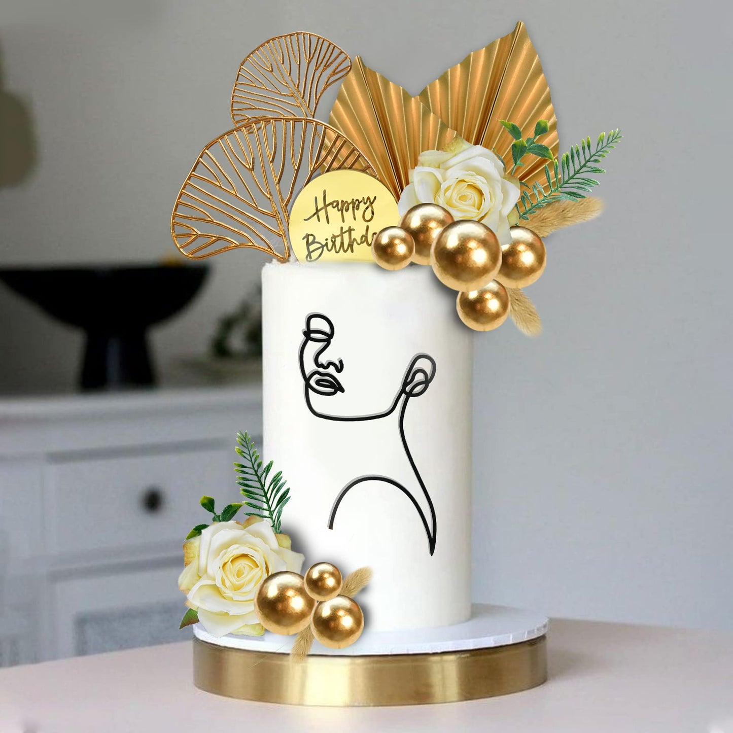 DRWATE 20 PCS Cake Toppers Set, Abstract Lady Face Lines & Ginkgo Leaves, Acrylic, Gold, Multicolor, Model GCMGL10023