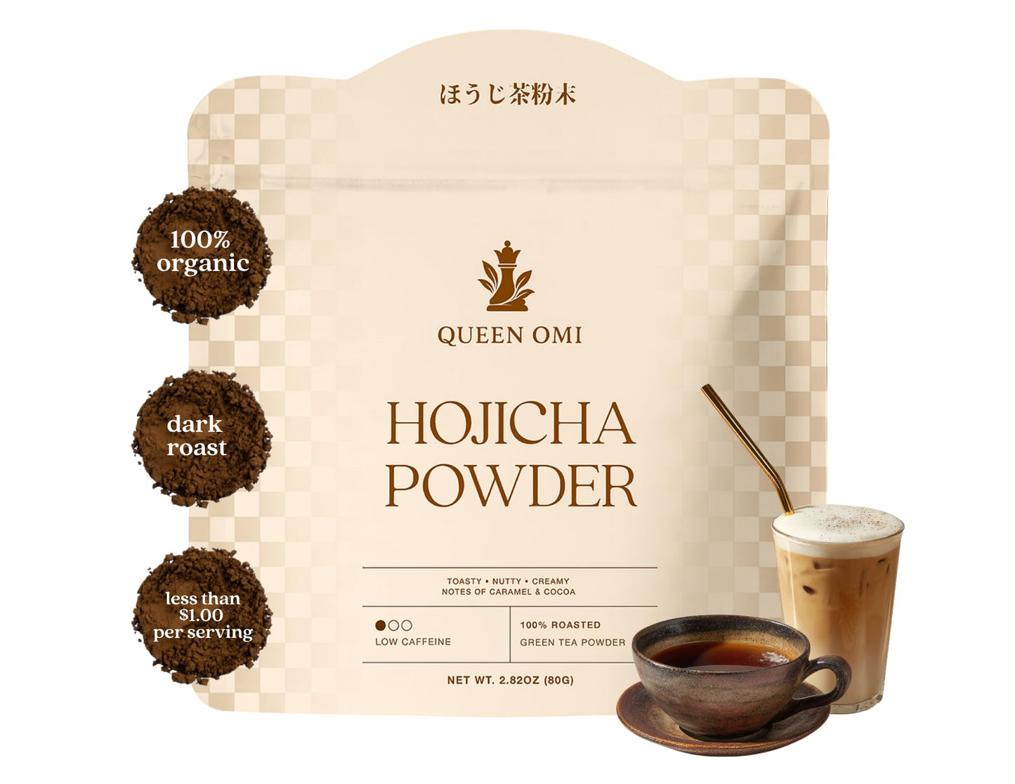 Queen Omi Organic Hojicha Powder | 100% Organic Japanese Roasted Green Tea Powder-Matcha & Coffee Alternative | Low Caffeine  Antioxidant-Rich  Smooth  Toasty  Nutty Flavor | 80g