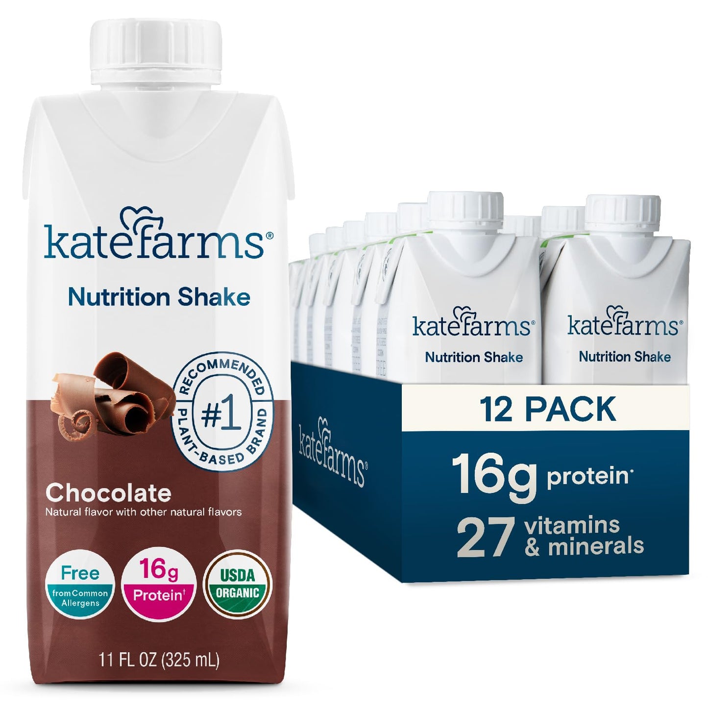 Kate Farms Organic Vegan Nutrition Shake, Chocolate, 16g Protein, 27 Vitamins, 11 Fl Oz, Pack of 12, Gluten Free, Non-GMO