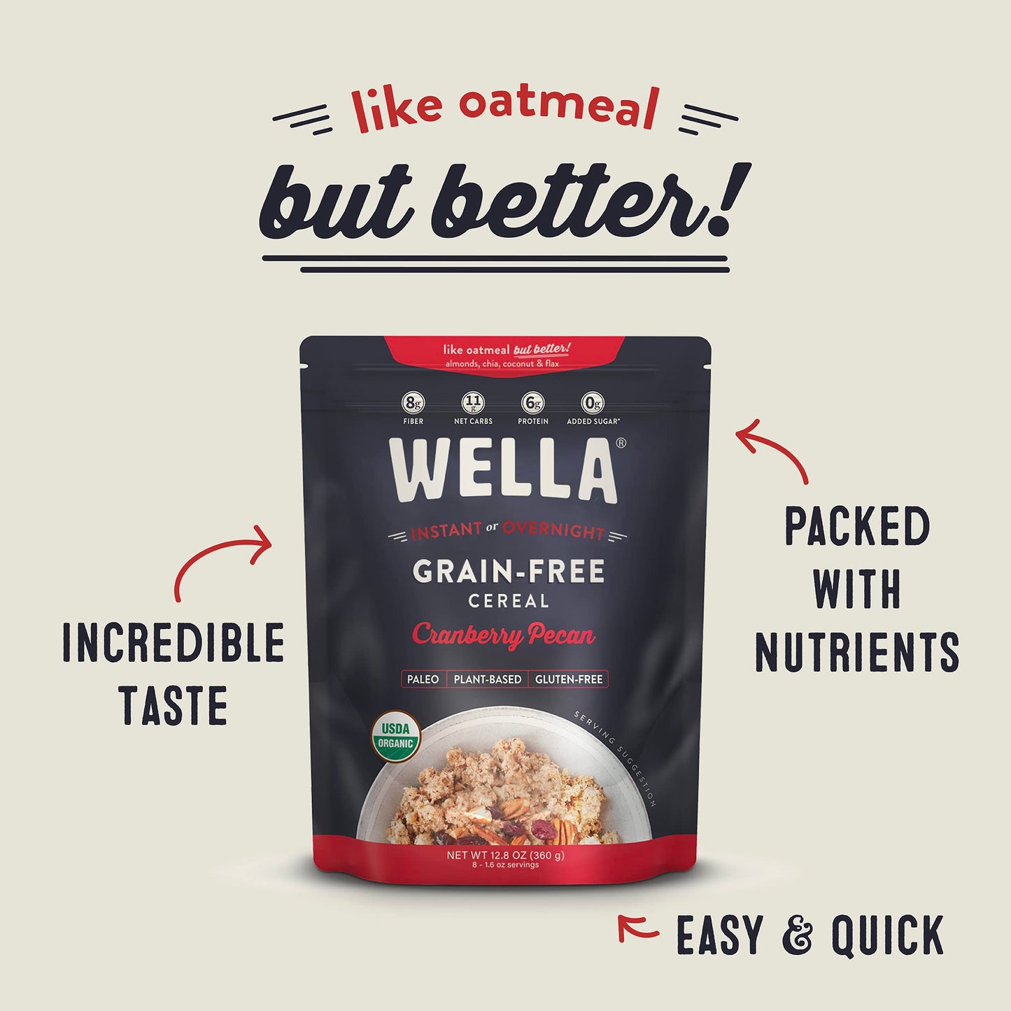 Wella Cereal Oatmeal Alternative, Gluten-Free Breakfast Hot Cereal, Grain-Free Paleo Organic Vegan High Protein Superfood, Plant-Based Non-Gmo, Low In Net Carbs, Multi-Serve Bag, Cranberry Pecan Flavor (1 Count, 12.8 Oz. Bag)