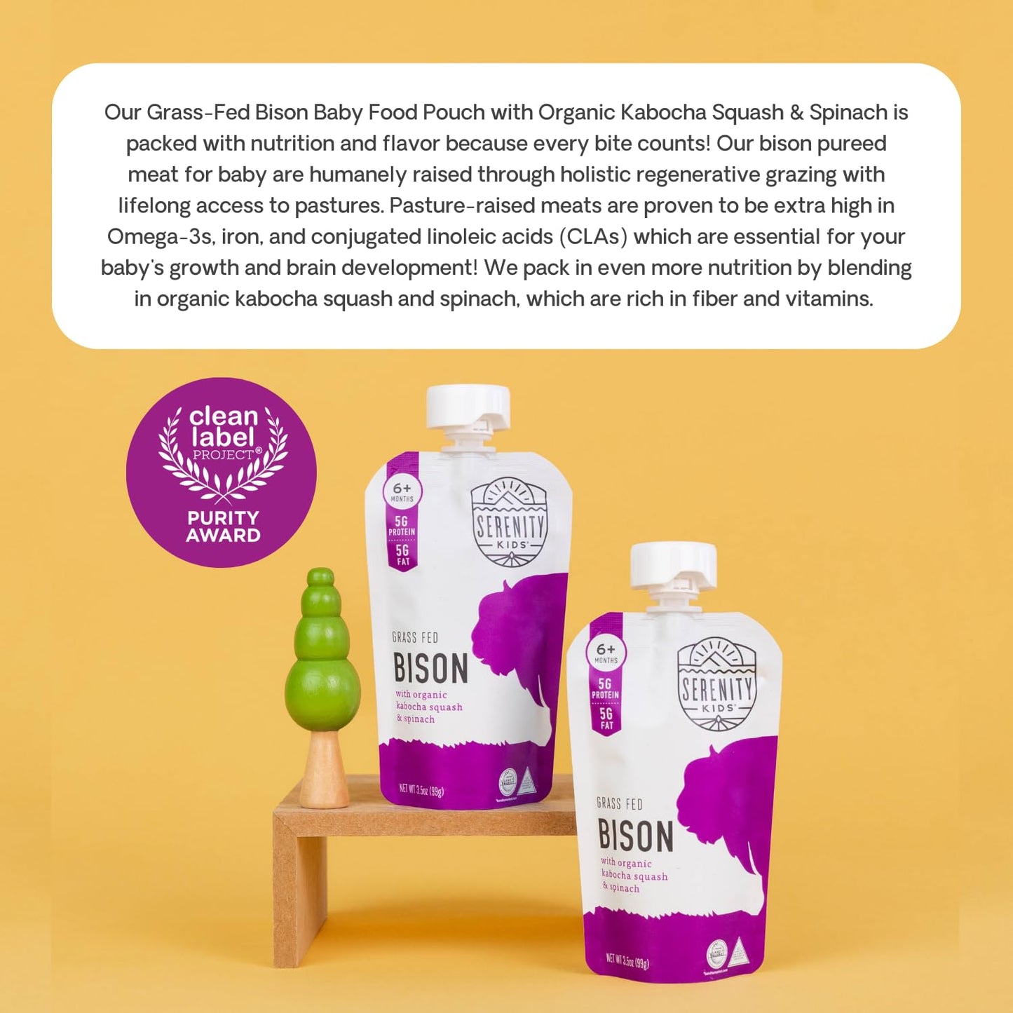 Serenity Kids 6+ Months Baby Food Pouches - Ethically Sourced Grass Fed Bison - Organic Kabocha Squash & Spinach Puree - 3.5 Oz