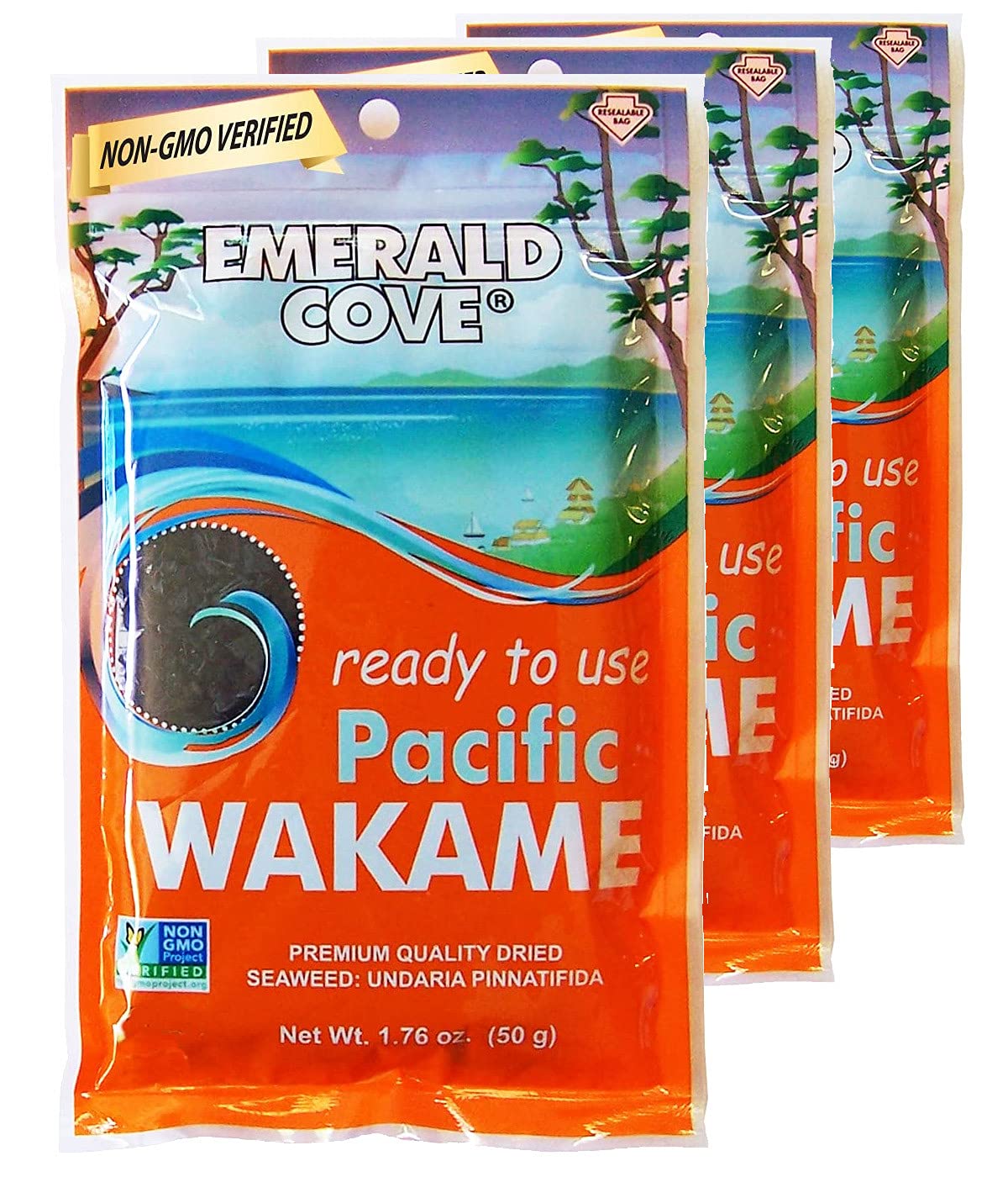 Emerald Cove Pacific Wakame, Dried Sea , Non-Gmo, Naturally Gluten-Free, Resealable Bag, 1.76 Oz (3 Pk)