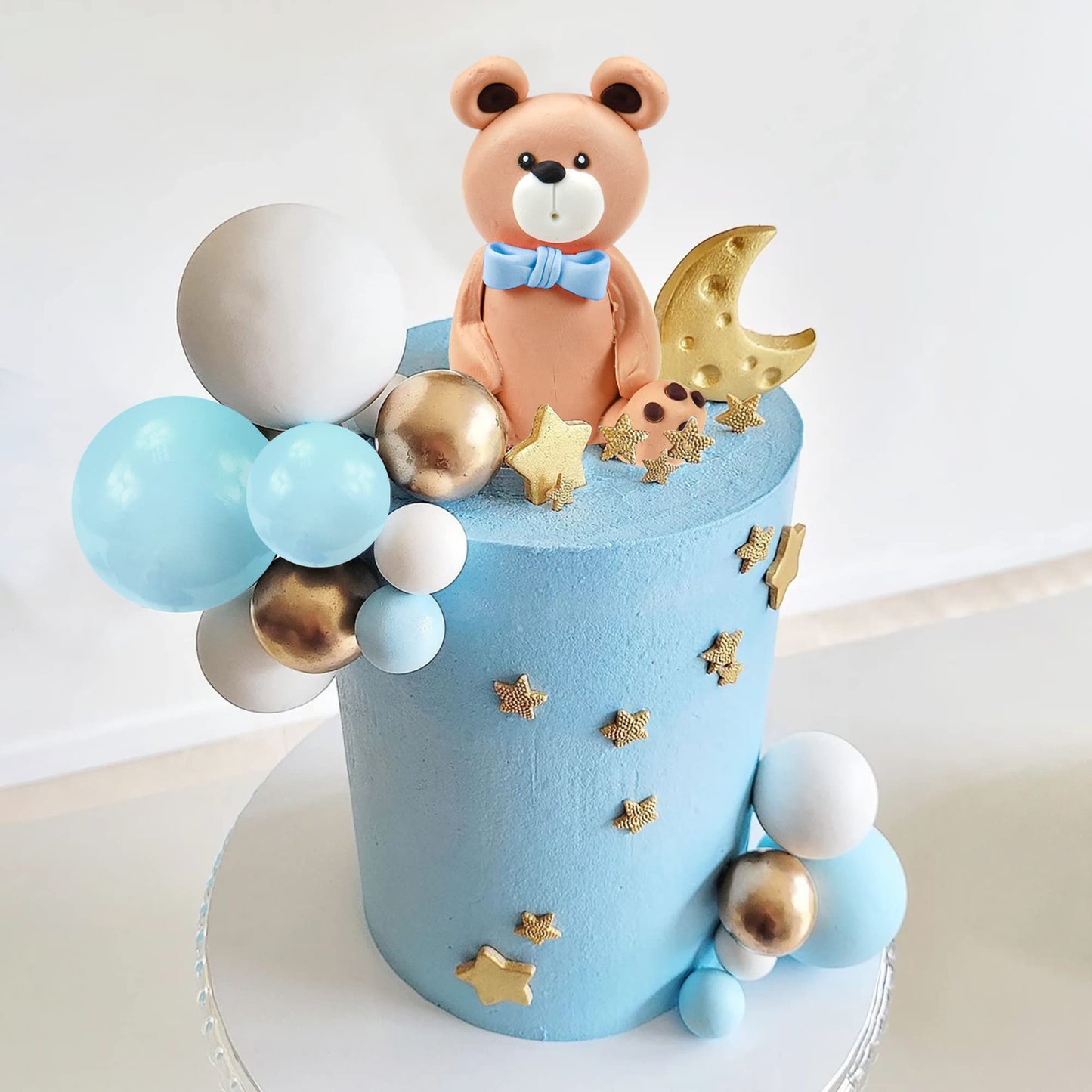 Bear Cake Toppers Mini Bear Figurine Cake Decorations With Gold Blue White Pearl Ball For Baby Shower Birthday Party Teddy Bear