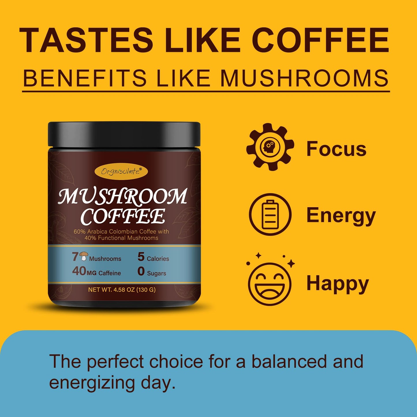 Orgnisulmte Premium Mushroom Coffee 4.58 Oz, Fresh Ground Colombian Instant Coffee With 7 Superfood Mushrooms Better Taste, Natu