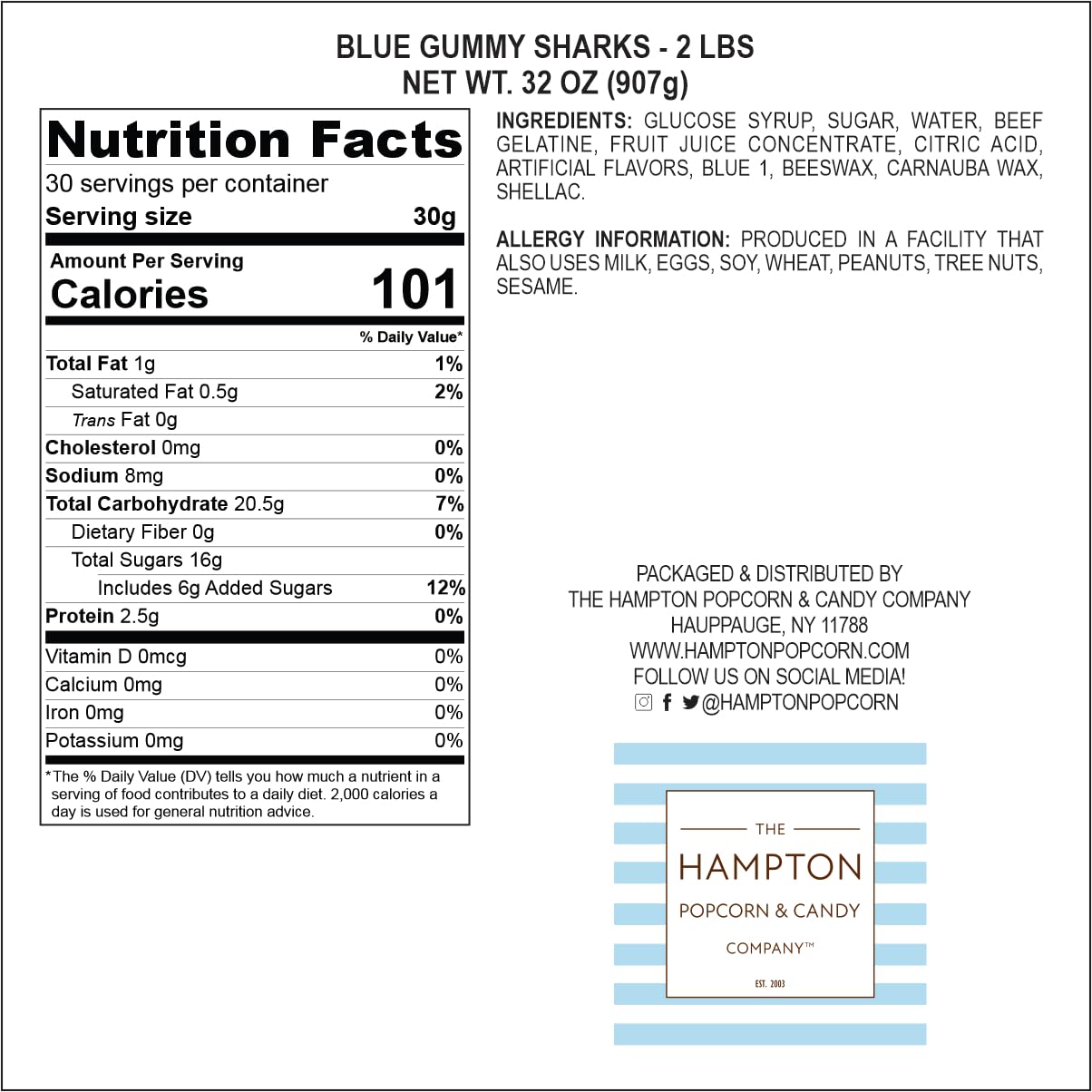 Blue Gummy Sharks Candy, 2 Pound Bulk Bag, The Hampton Popcorn & Candy Company