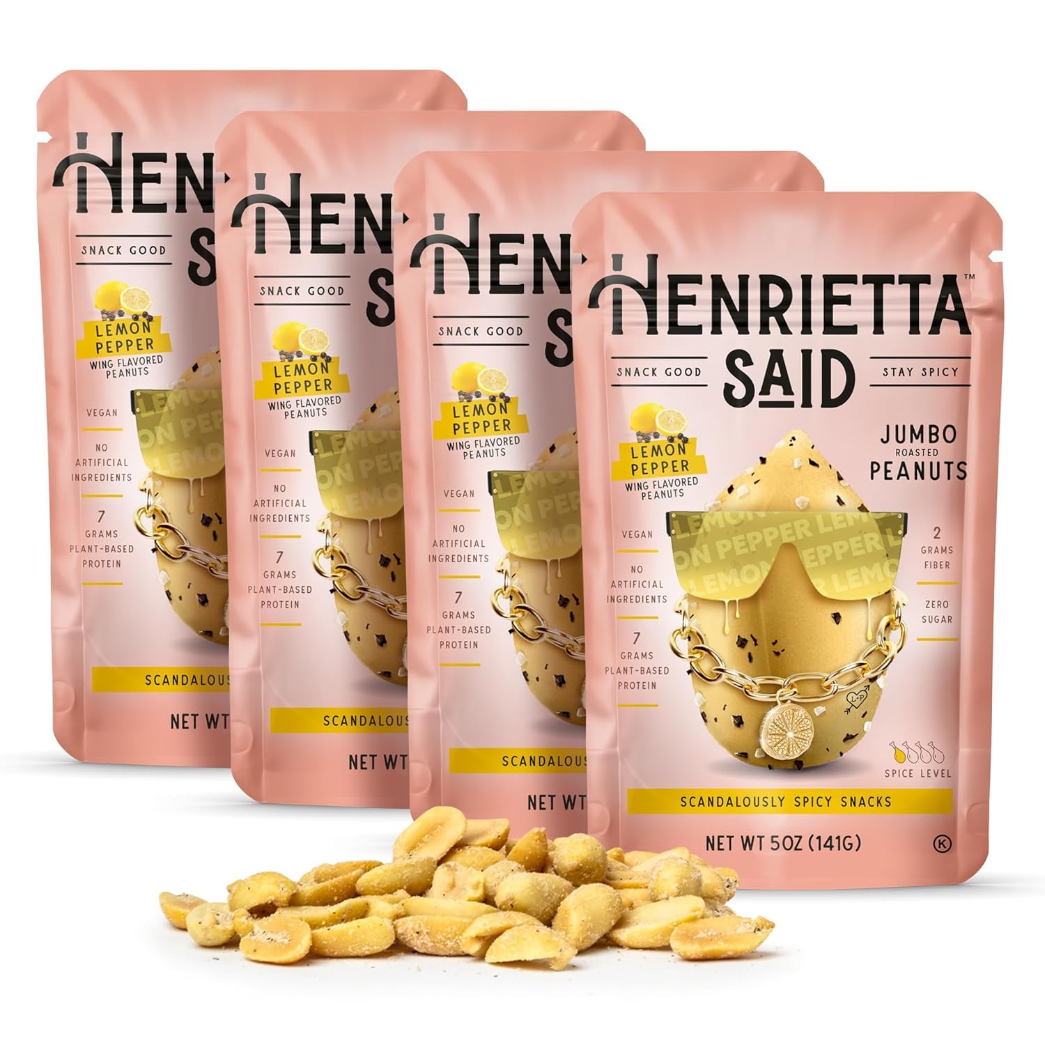 Henrietta Said Wing-Flavored Peanuts - Truly Good Foods Snacking Nuts - Bold Flavors - Savory & Spicy - Jumbo Flavored Peanuts - Protein Packed Vegan Snack - 4 (5-Oz) Packs - Lemon Pepper