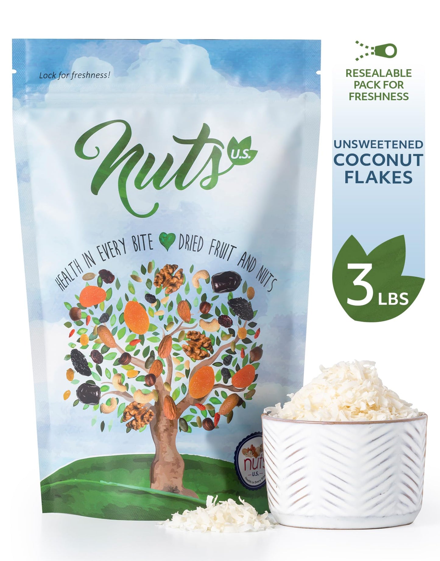 NUTS U.S. - Unsweetened Coconut Flakes | Thin & Feathery Flakes of Coconuts | Mild, Fresh and Characteristics of Coconut | No Ad
