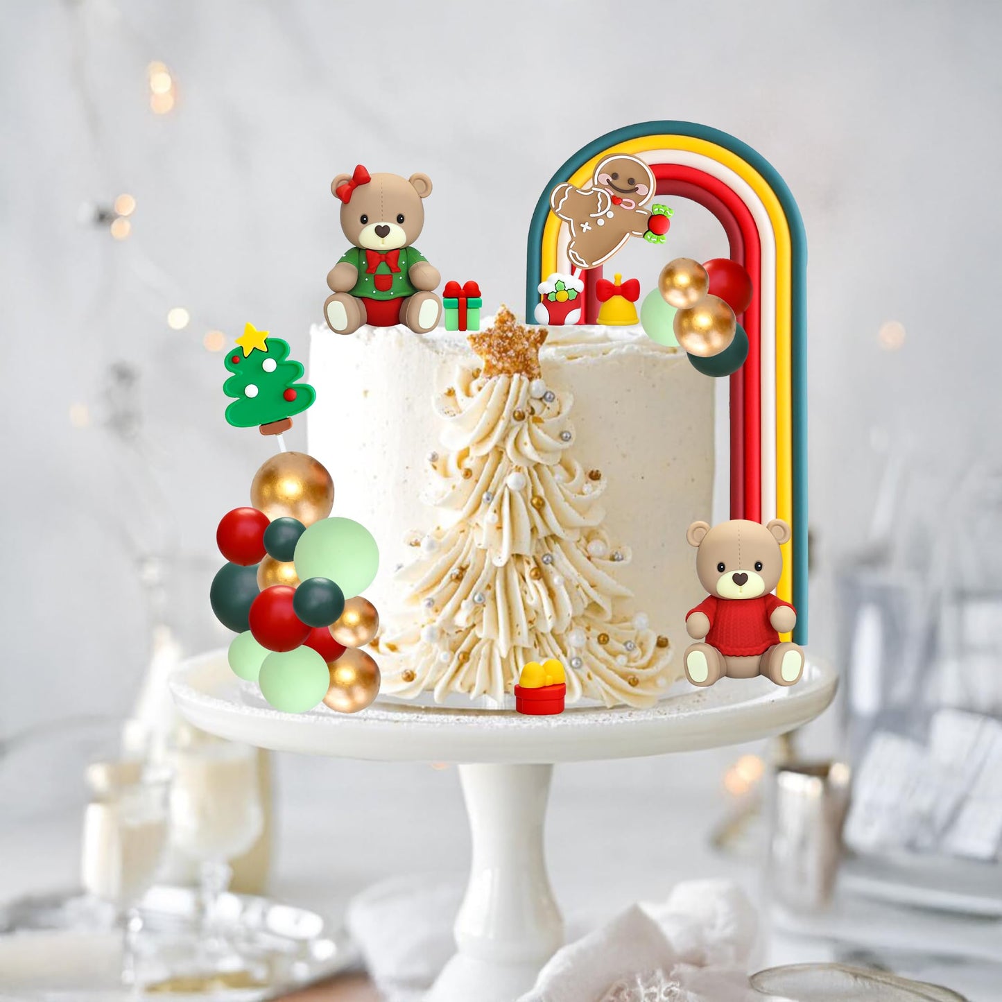 Ephlyn Christmas Bear Cake Toppers Rainbow Ball Cake Decorations Xmas Tree Gingerbread Man Socks Cupcake Toppers For Halloween Theme Baby Shower Birthday Party Supplies Red