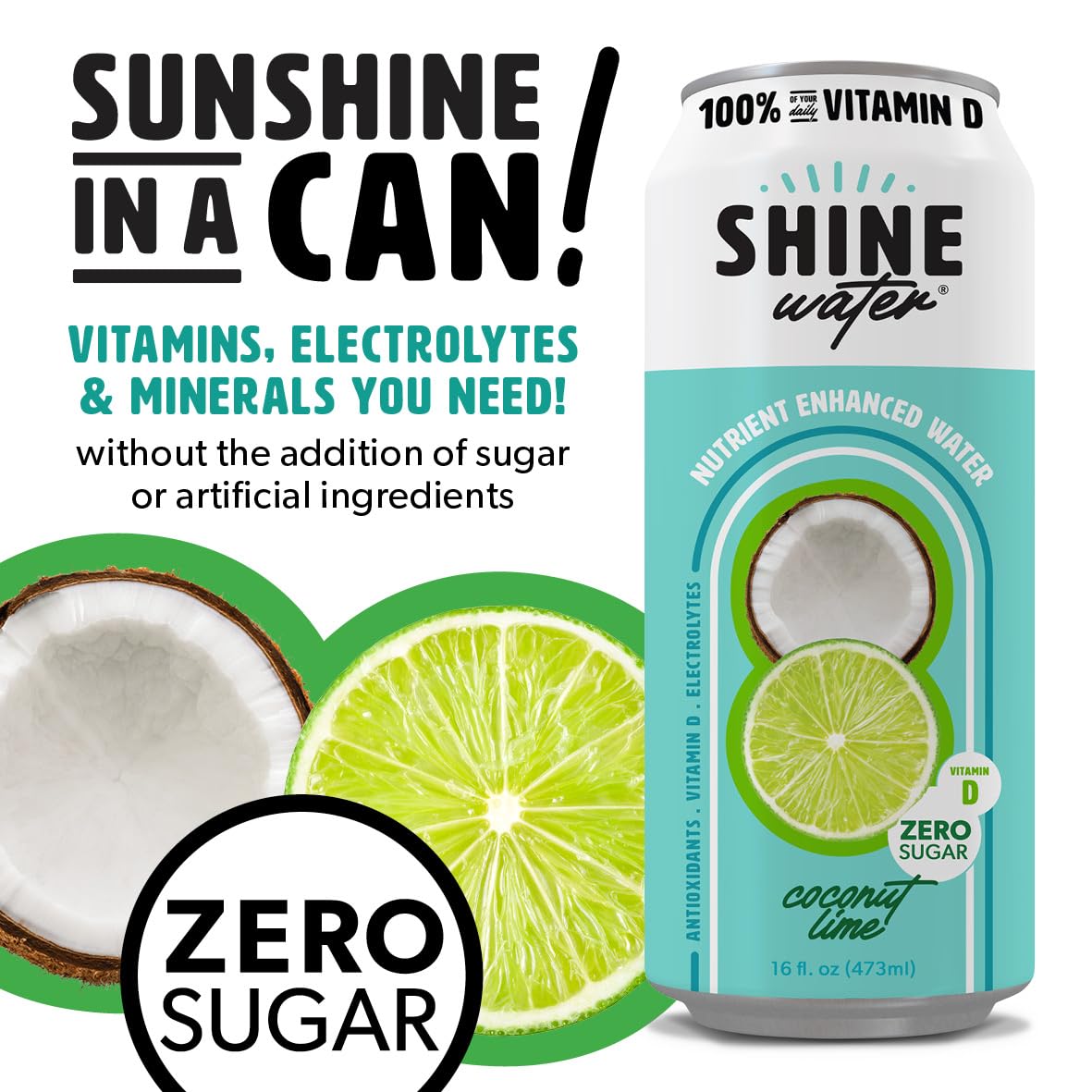 Shinewater Vitamin D Hydration Electrolyte Drink, Coconut Lime 12 Pack, Sugar Free Naturally Flavored Water, Magnesium, Zinc, Vi