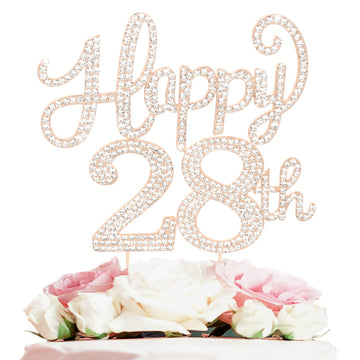 Happy 28Th Birthday Decorations,28Th Birthday Gold Rhinestone Cake Topper - Cheers To 28 Years Old Bday Party Metal Sparkly Cake