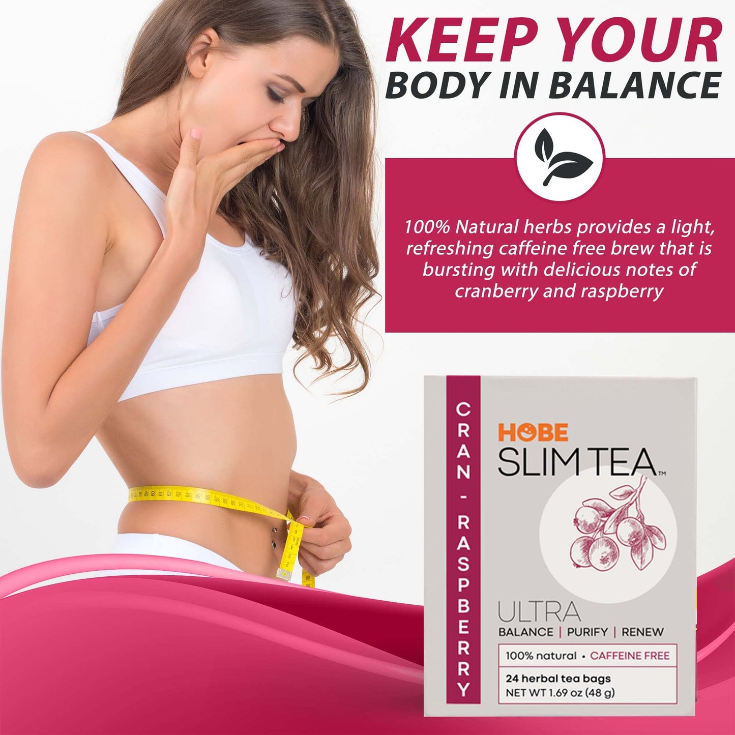 Hobe Labs Cran-Raspberry Tea - Natural Herbal Infusion For Body Balance And Refreshment - Caffeine-Free (24 Tea Bags)
