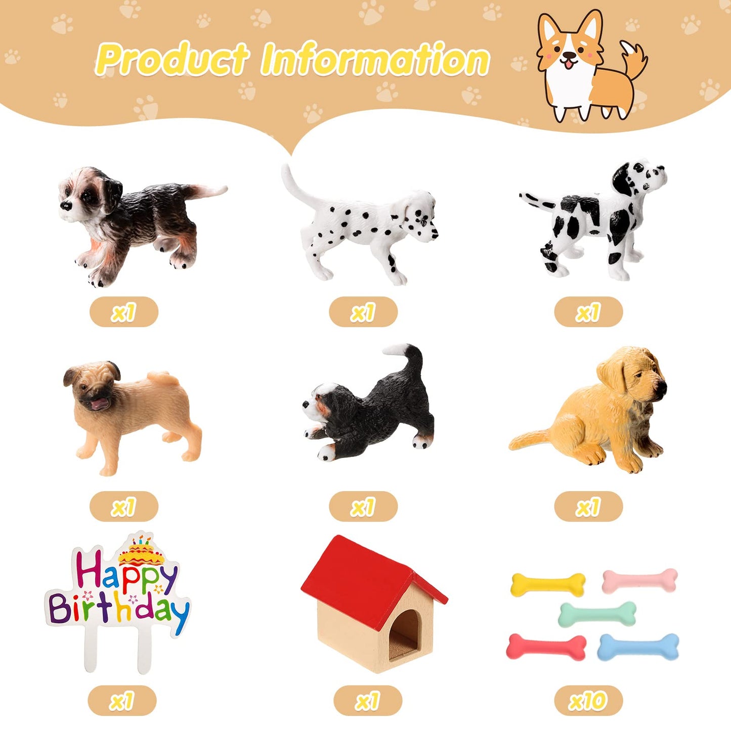 18 Pcs Realistic Dog Cake Topper Dog Figurines Dog Birthday Cake Topper Dog Bone Kennel Cake Toppers Dog Party Decoration Mini D