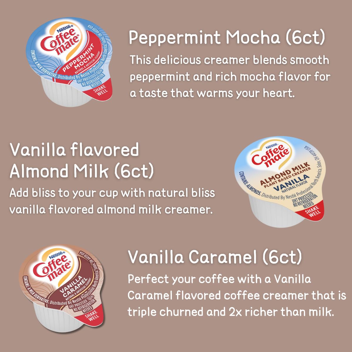 Coffee Creamer Single Serve Variety Pack (54Ct/ 9 Different Flavor) Irish Creme, Cafe Mocha, Chocolate, Peppermint, Pumpkin Spic
