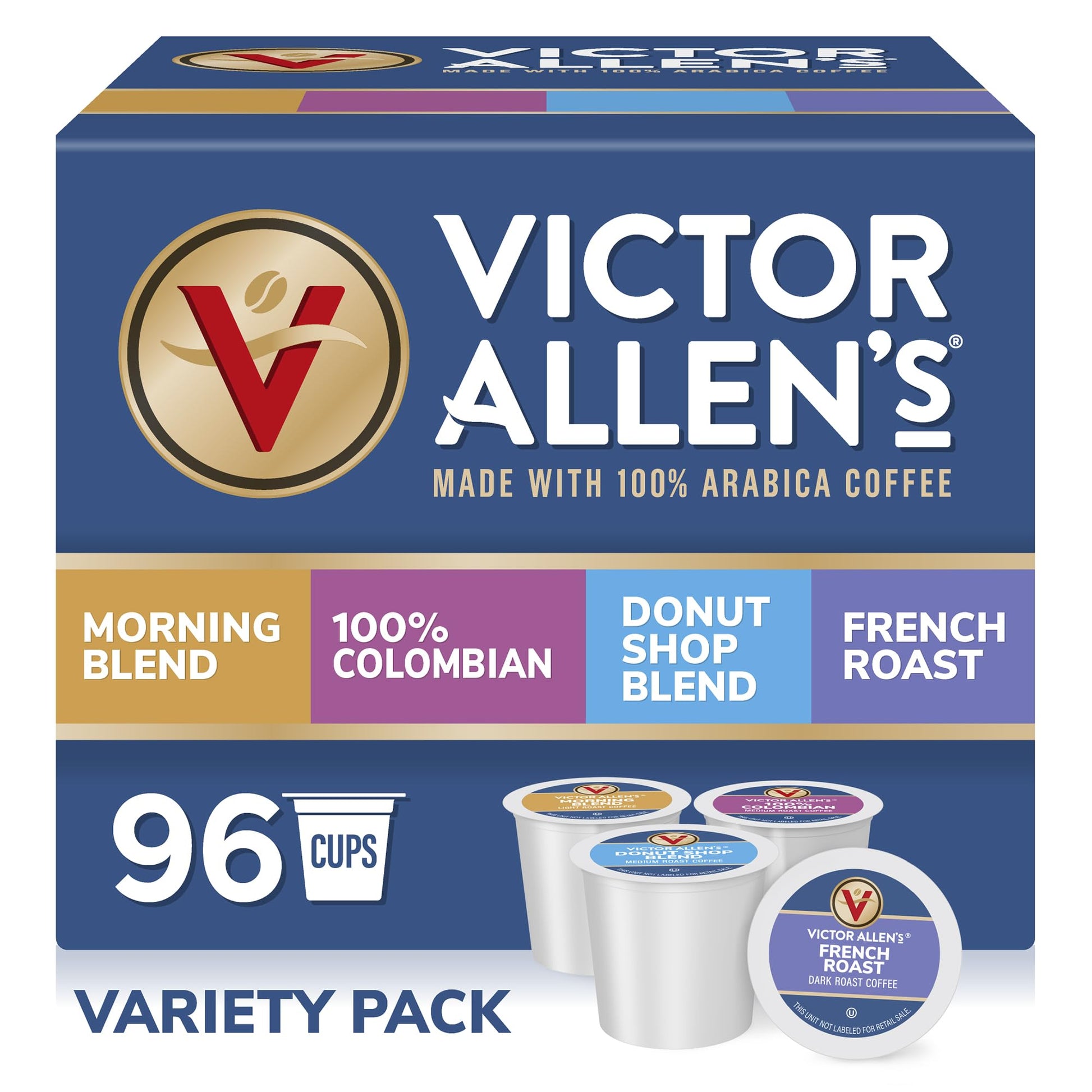 Victor Allens Coffee Variety Pack, 96 Count Single Serve Pods, Morning Blend, Colombian, Donut Shop, French Roast, Brown