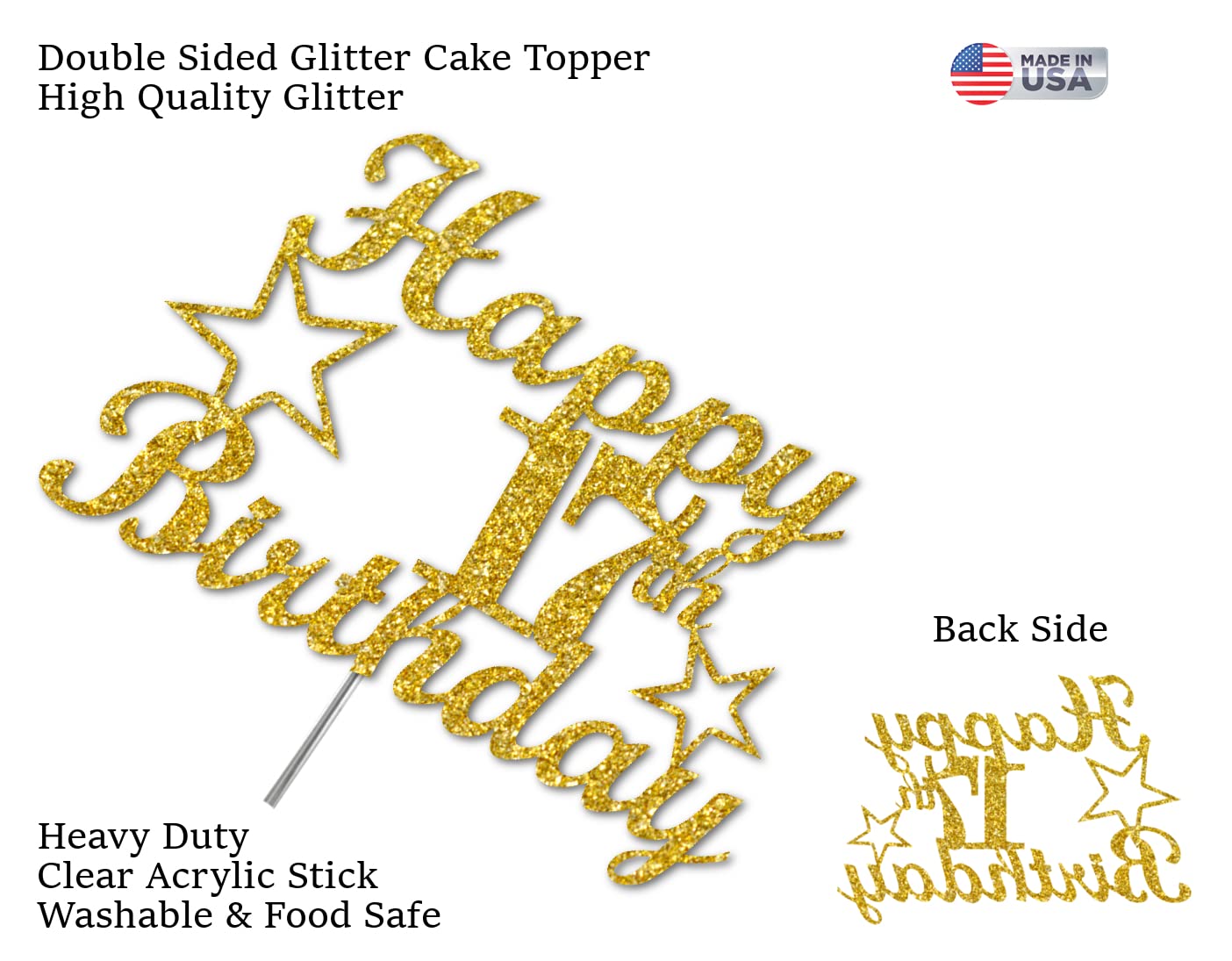 17 Birthday Cake Topper Gold Glitter, Party Decoration Ideas, Premium Quality, Sturdy Doubled Sided Glitter, Acrylic Stick. Made