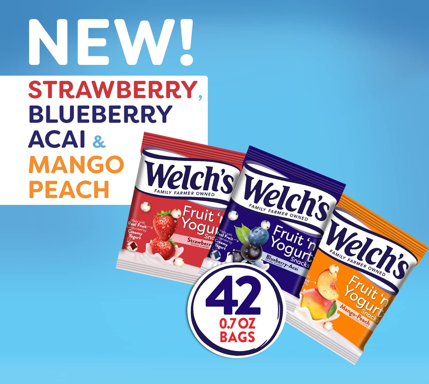 Welchs Fruit Snacks Fruit n Yogurt Variety Pack, Strawberry, Blueberry Acai, Mango Peach, 0.7 oz Bags, Pack of 42
