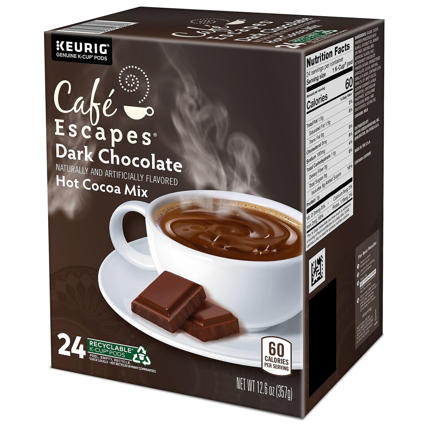 Cafe Escapes 6802Ct Dark Chocolate Hot Cocoa K-Cups, 24/Box, 4 Box/Carton