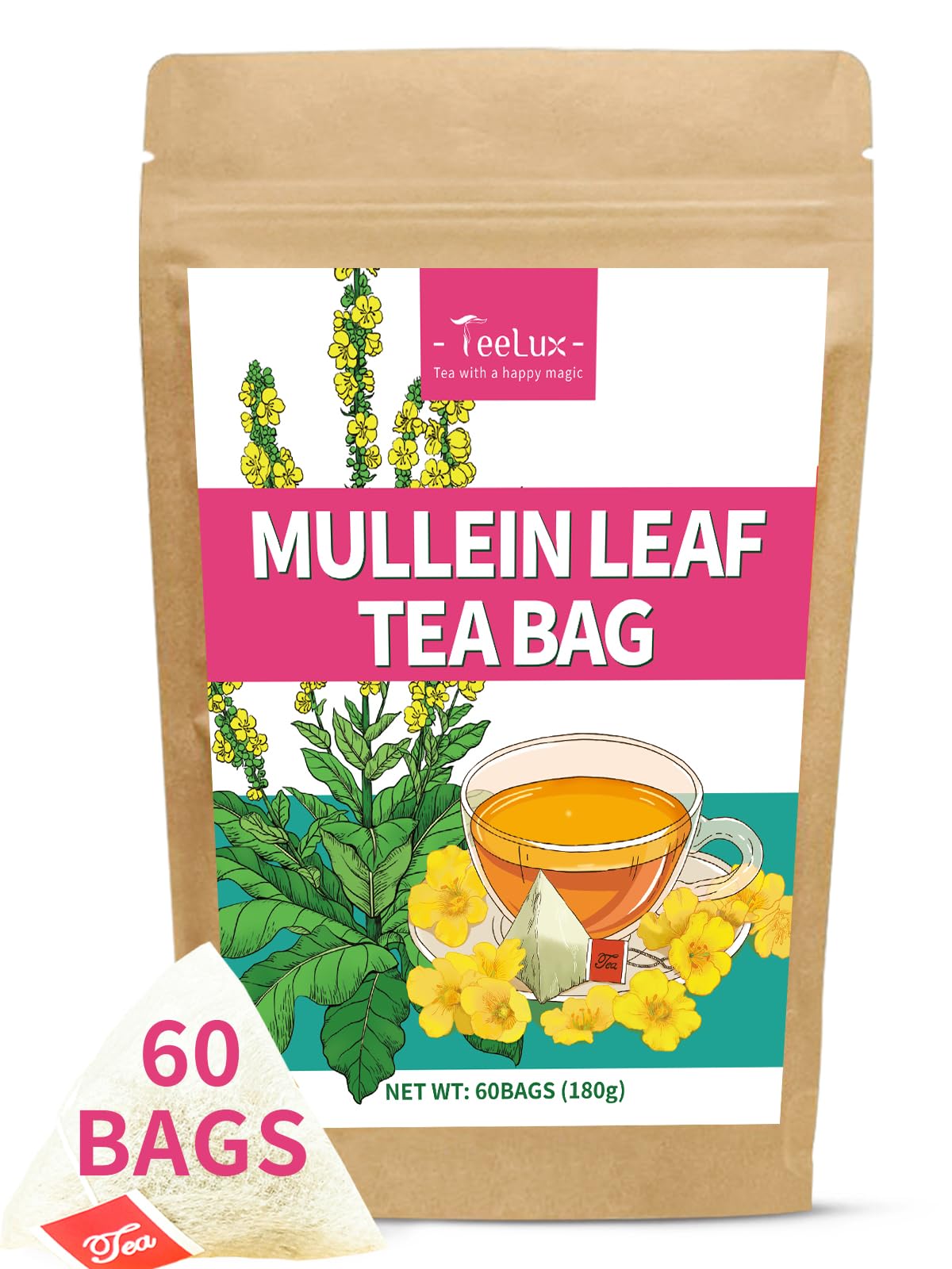 TeeLux Mullein Leaf Tea Bags, Caffeine Free, Biodegradable, 60 Count, 3g/Bag