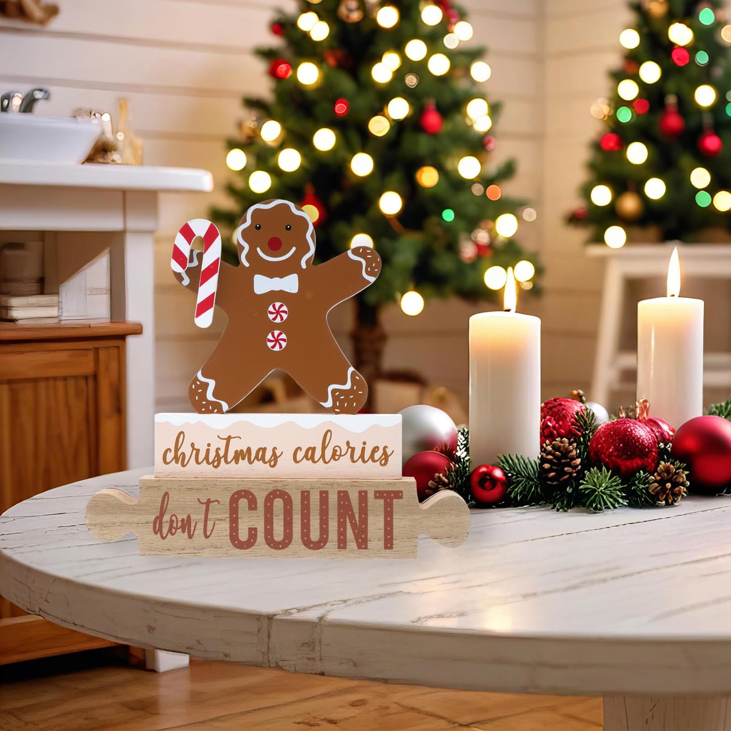 3Pcs Gingerbread Christmas Decorations Gingerbread Man Table Decor Wooden Gingerbread Candle Signs Gingerbread House Farmhouse Christmas Decoration Rustic Decorative Book Signs For Home Tiered Tray Shelf Xmas Gift Holiday