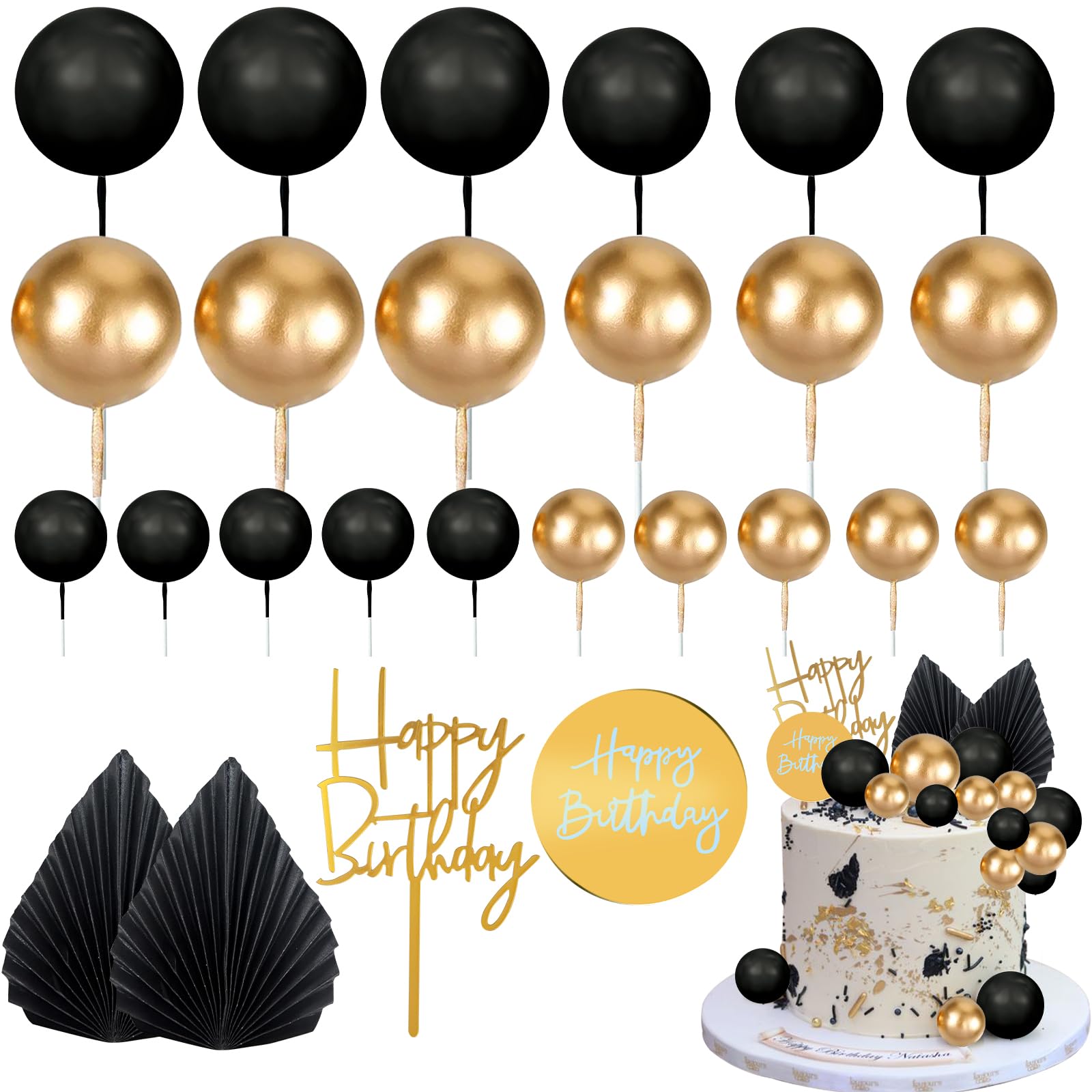 Memovan 26Pcs Man Cake Topper Black Boho Cake Topper Black Gold Balls Palm Leaves Black Gold Cake Decorations For Man Boy Bohemi
