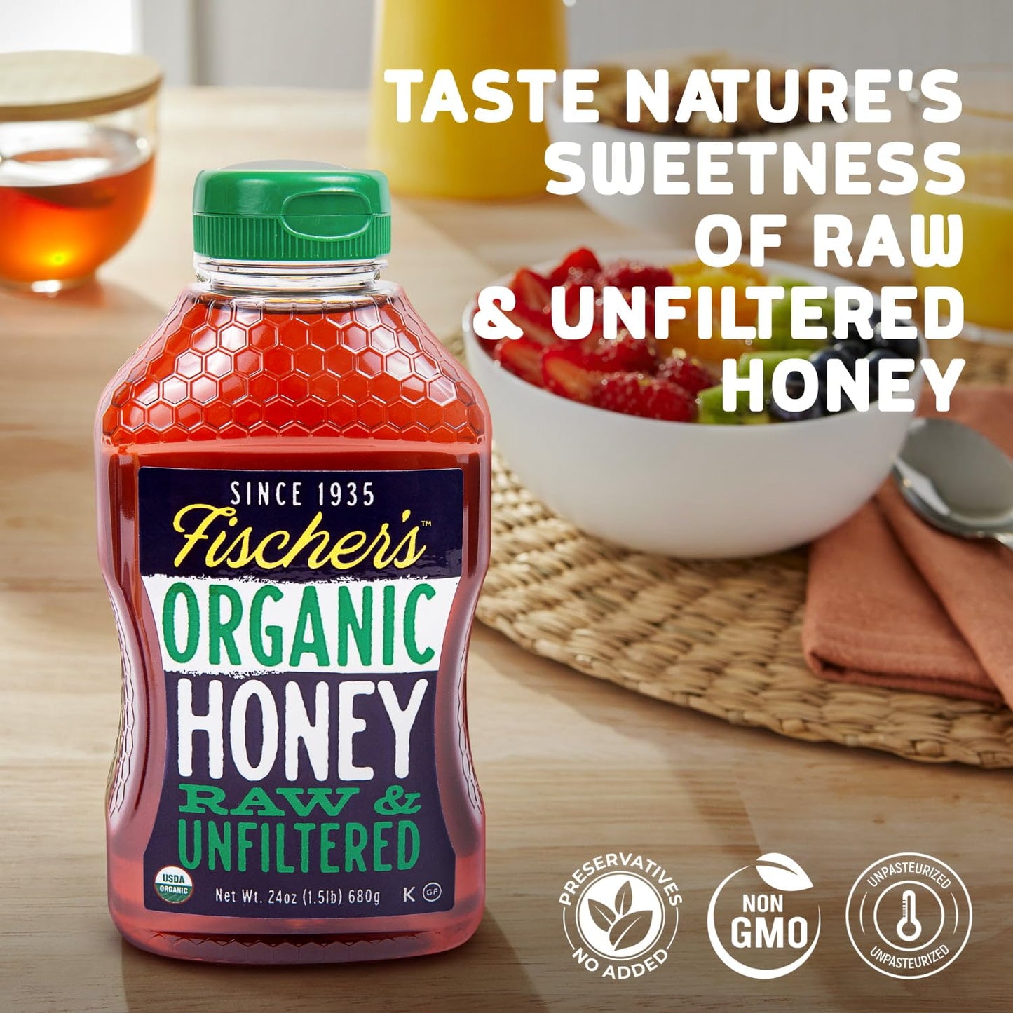 Fischers 100% Organic Raw Honey, USDA Certified, 24 Oz - Pure, Unfiltered Natural Sweetener
