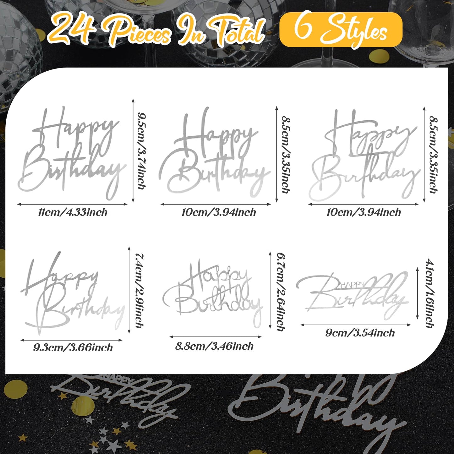 Barydat 24 Pieces Silver Happy Birthday Cake Toppers, Mirror Acrylic, 3.62 x 2.99 x 0.05 inches, 6 Styles, Model SIJ-Bary