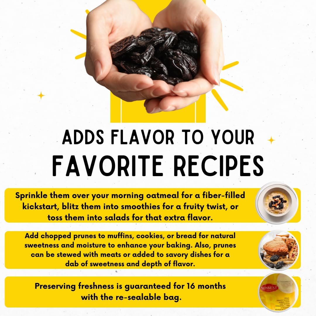 Sunbest Natural Jumbo Pitted Prunes 48Oz (3Lb) 1 Pack - Tender, Succulent, Nutrient, Rich Snack - Fiber & Antioxidants Source - Kosher Certified - Ideal For Snacking & Cooking - Long Lasting Freshness